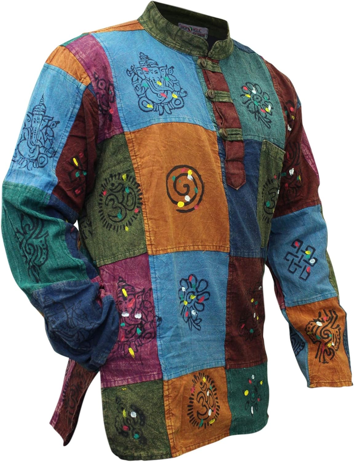 Shopoholic Fashion Mens Patchwork Cotton Long Sleeves Stonewashed Hippie Summer Festivals Shirt - Image 3