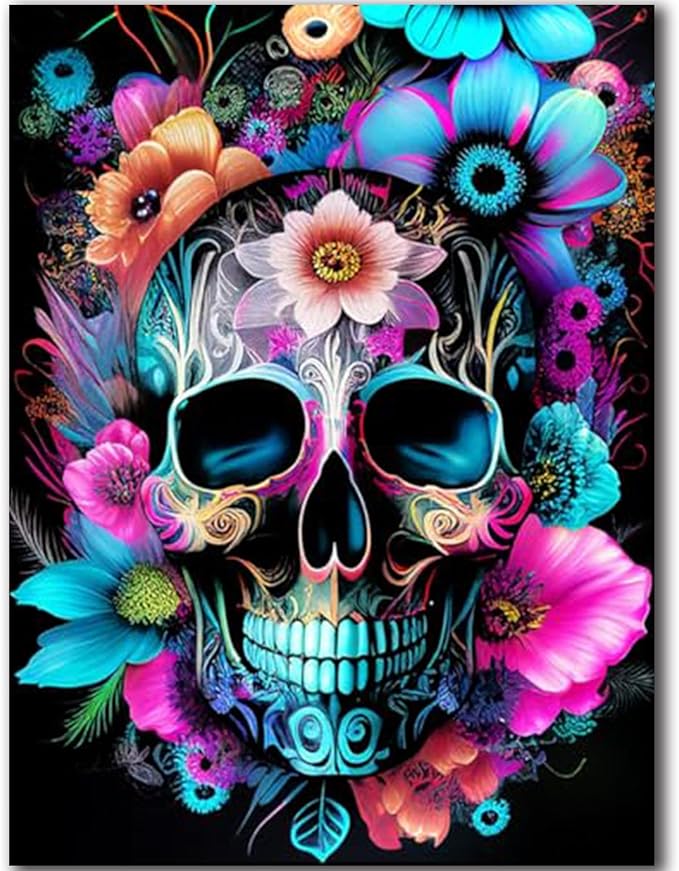 igoodom Diamond Art Kits for Adults, Sugar Skull Diamond Painting Kit, Full Drill Round Skull Flower Diamond Art Kits, DIY Gem Art and Crafts for Home Wall Decor Gift 12x16inch