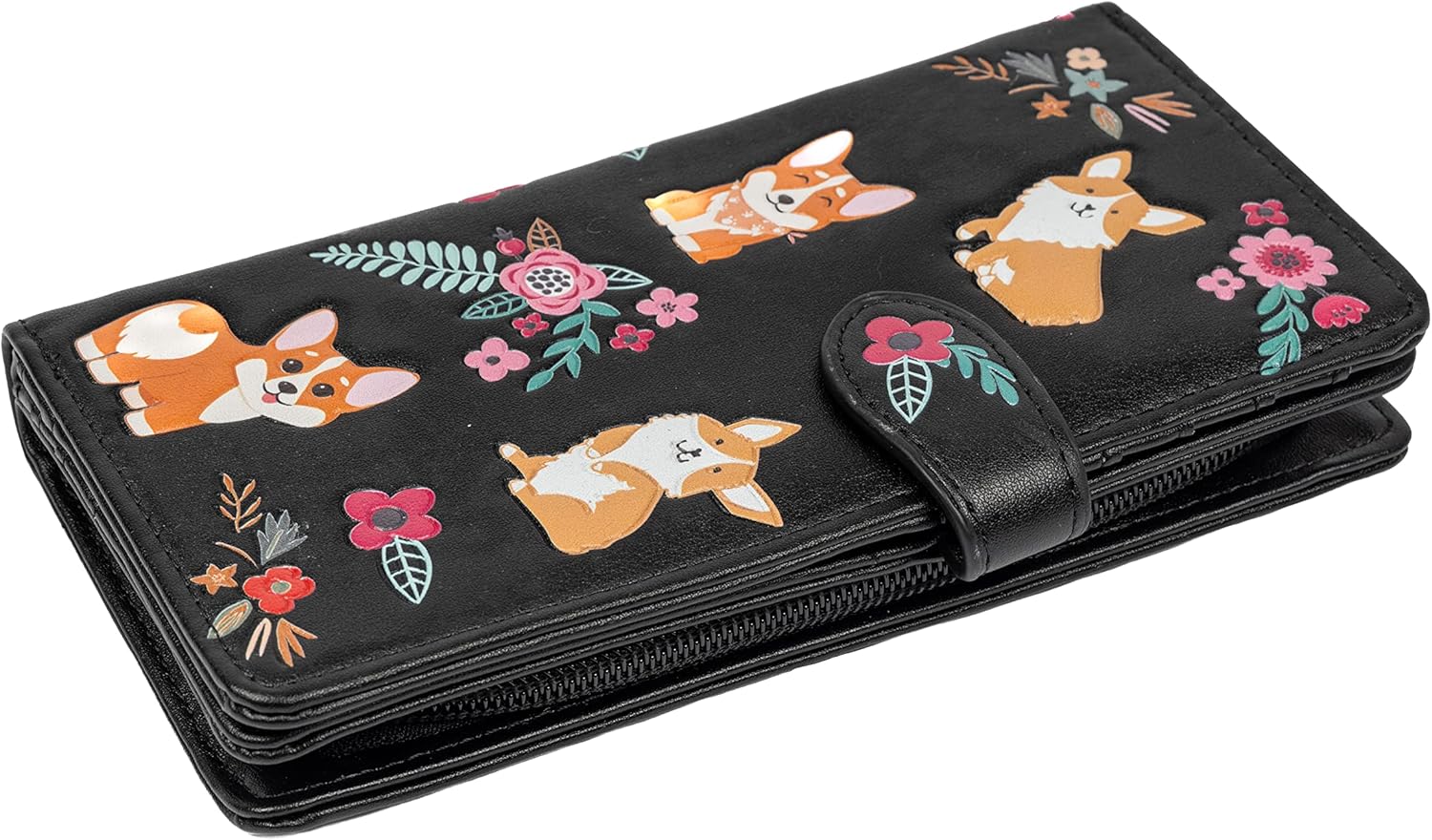 Shag Wear Women's Premium Vegan Clutch Cardholder Wallet Zipper Purse with Pretty Corgi Pattern, Black
