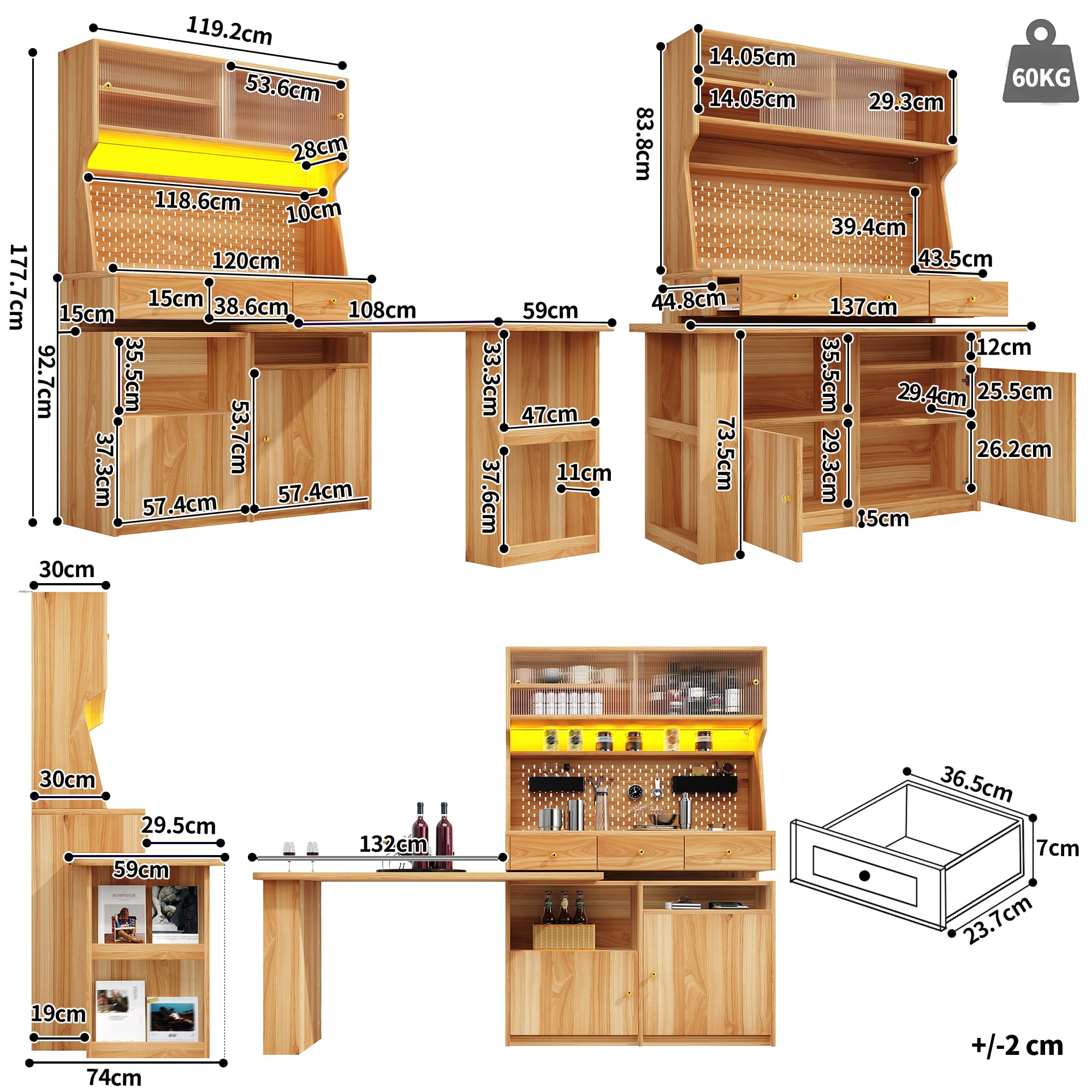 Kebnor Armadio alto con scrivania e tavolo da bar, armadio multifunzione con illuminazione a LED e controllo app, ante in vetro e ripiani regolabili, per soggiorno, sala da pranzo (marrone naturale D)
