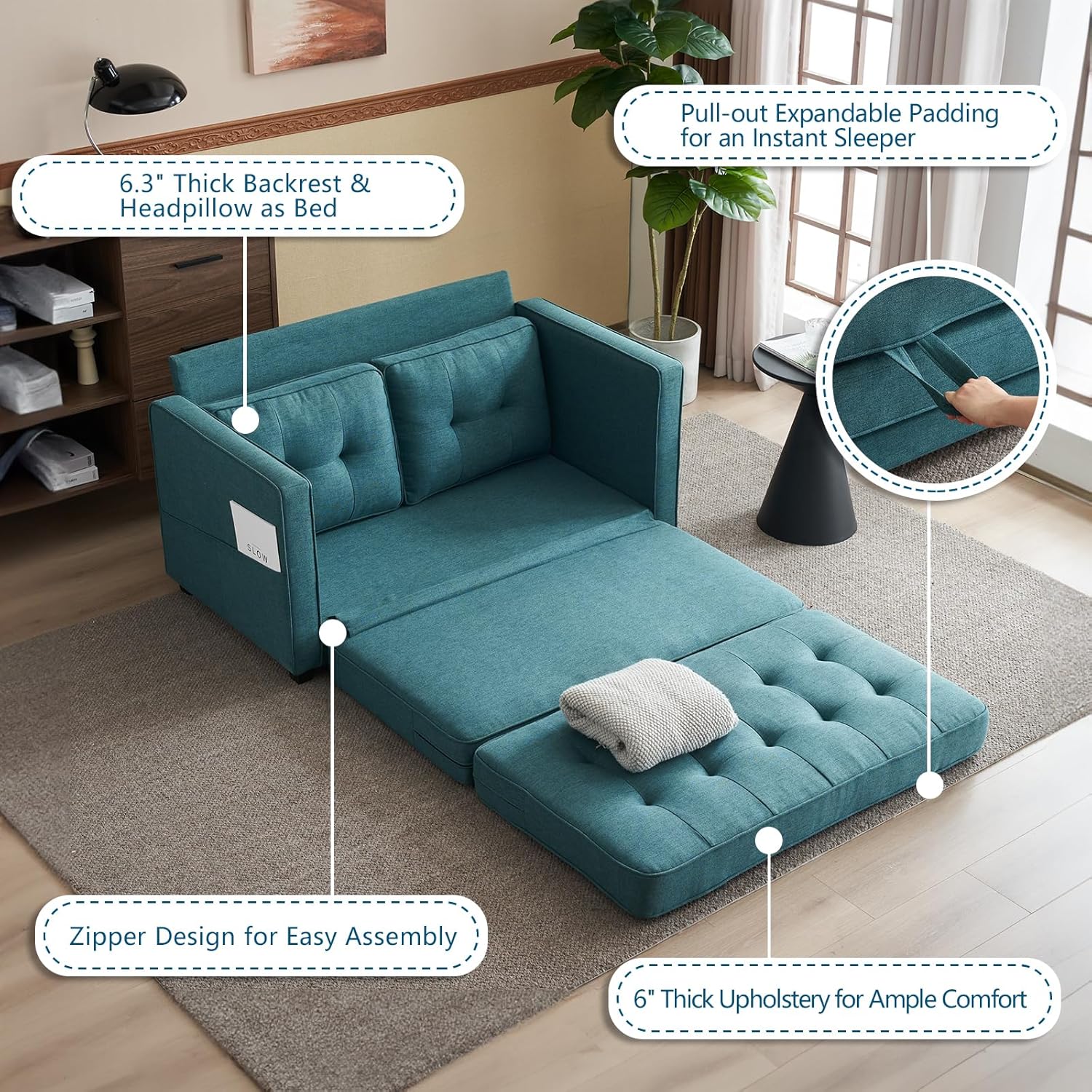 VINGLI Loveseat Sleeper Sofa Bed Teal Blue Futon Couch 53.5" W 80" L Pull Out Couch Bed Floor Couches for Living Room Folding Sofa Convertible Small Loveseat for Small Spaces