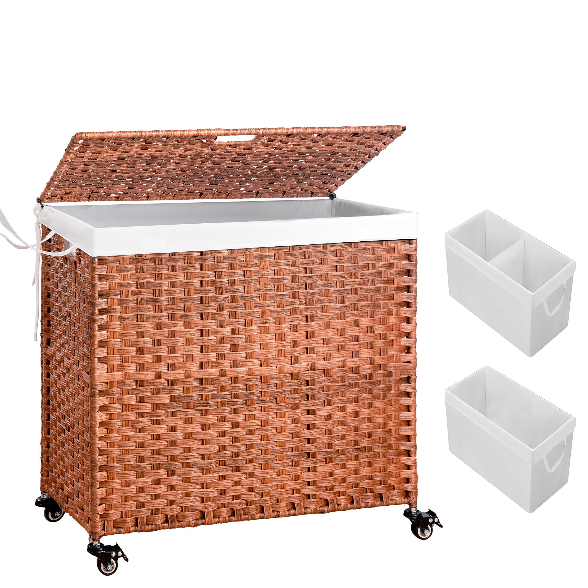 HYCHIKA - Cesto portabiancheria con coperchio e ruote, 160 l, cesto portabiancheria in vimini con borse e manici rimovibili, cesto in tessuto a 2 sezioni per camera da letto e bagno (70 x 34 x 67 cm)