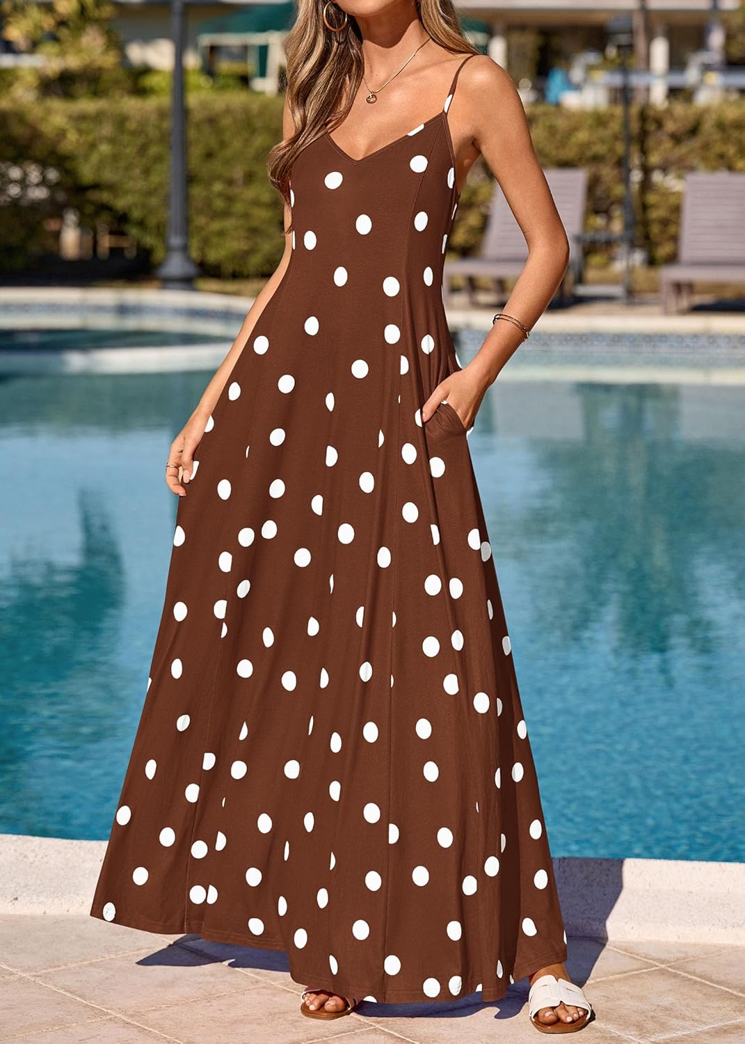 KIRUNDO Boho Maxi Dress for Women Summer Spaghetti Strap V Neck Polka Dot Flowy Long Beach Vacation Sundress with Pockets - Image 3