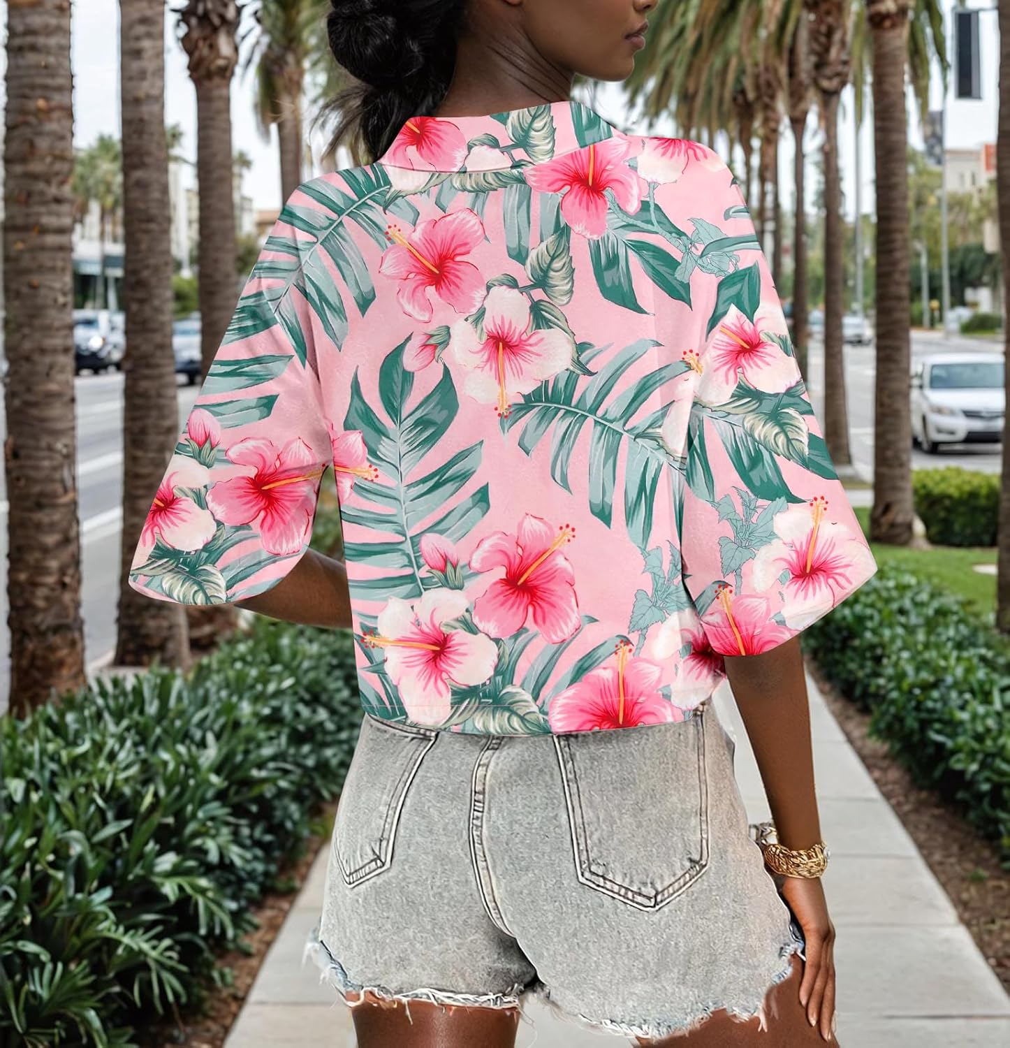 Cropped Hawaiian Shirts for Women Hawaii Tropical Button Down Tops Floral Tropic Print Summer Beach Outfits - Image 7