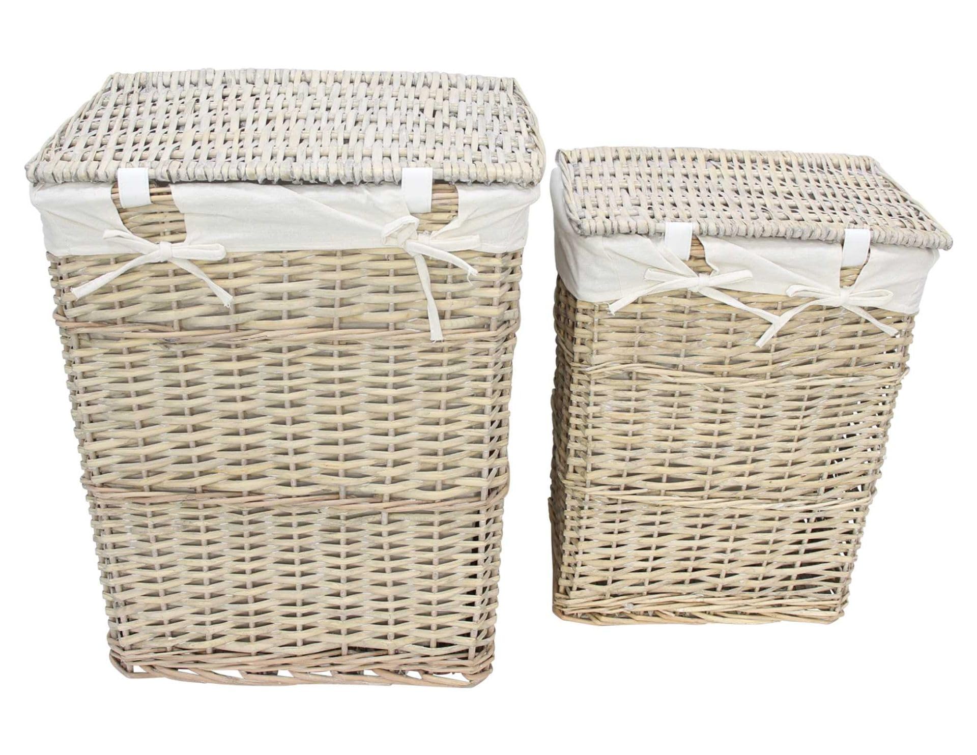 FRANK FLECHTWAREN Wäschekorb "Graue Weide", 2er Set, Spaltweide, grau gekalkt, Stoff, natur Maße: 38 x 26 x 49 cm, 45 x 32 x 56 cm, Stabil und langlebig, Vielseitig einsetzbar