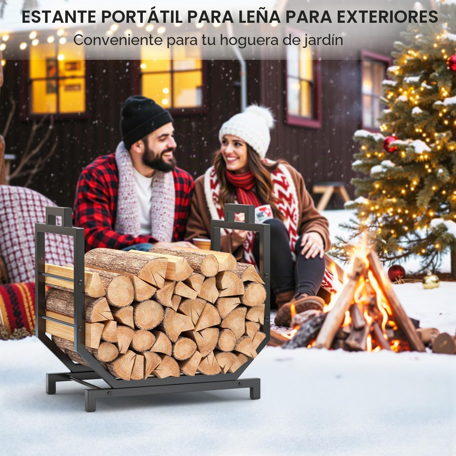 Leñero en Forma de U Reforzado Leñero Interior Exterior Metal 250lbs 4 Patas con Bolsa Transporte para Chimenea Jardín 43x53x33cm Negro Antideslizante