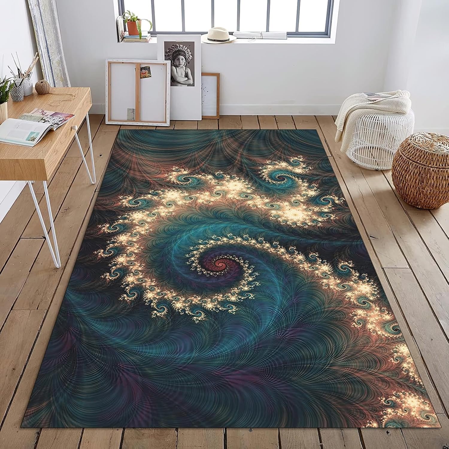 Green Gold Peacock Feather Area Rug, Classical Peacock