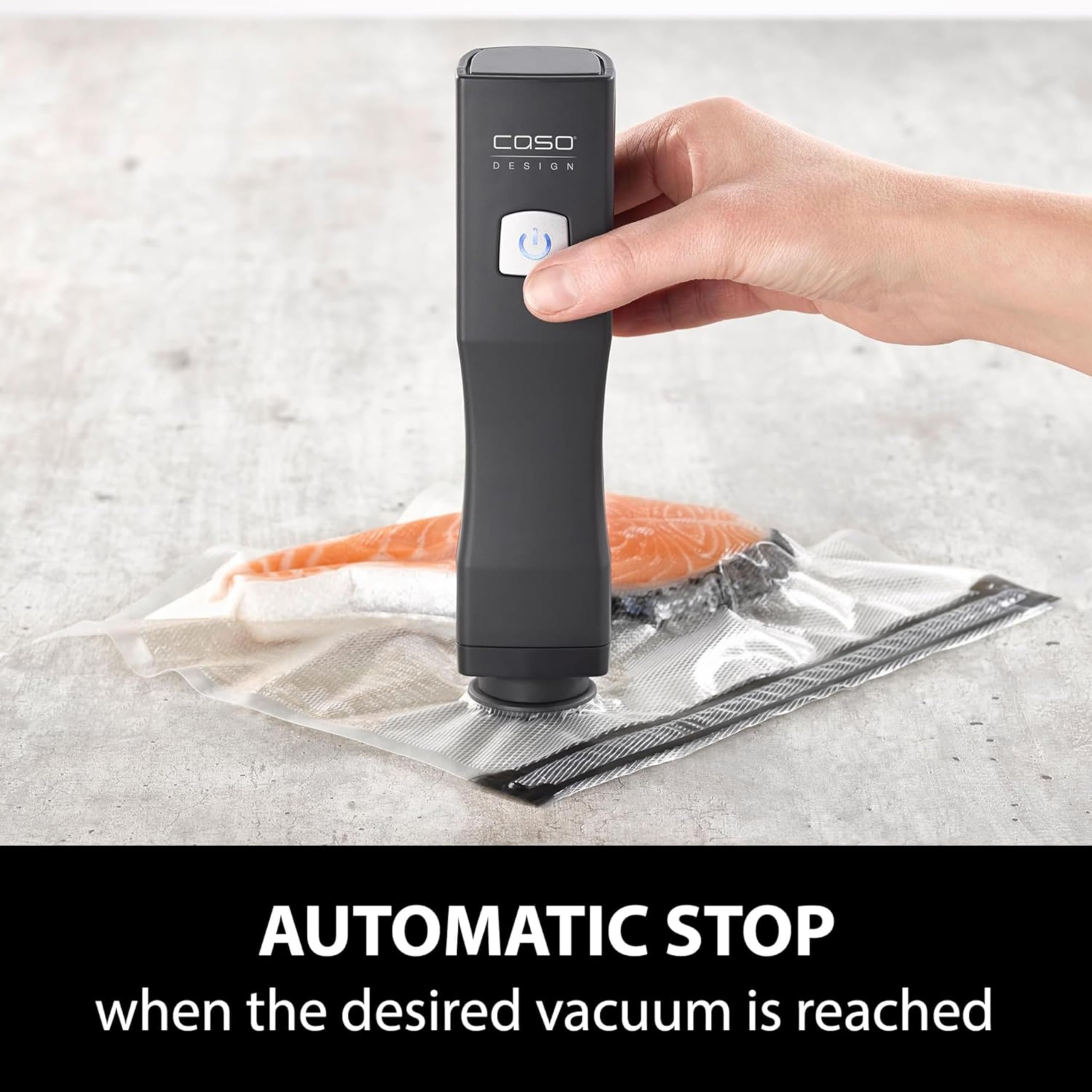 CASO Vacu OneTouch Eco-Set - Aspirador manual al vacío de Alimentos incluye 3 recipientes de vidrio y 10 bolsas ZIP - con hasta 150 minutos de autonomía - Envasadora al vacío doméstica - negro