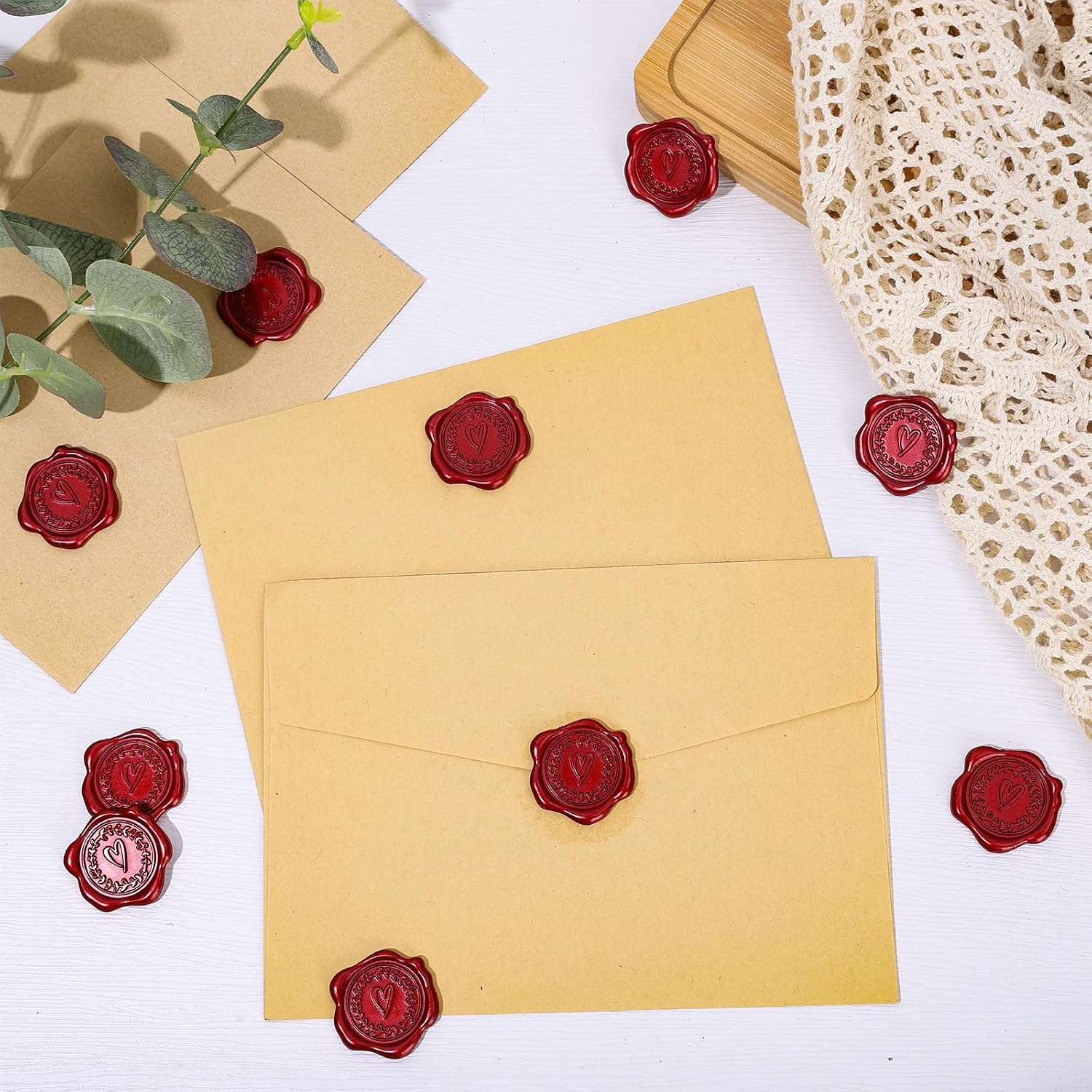 Whaline 50Pcs Valentine's Day Embossed Wax Seal Stickers Wine Red Heart Pattern Envelope Seal Decals Self-Adhesive Stamp Sticker for Wedding Invitations Greeting Cards Supplies DIY Craft, 1.2 Inch