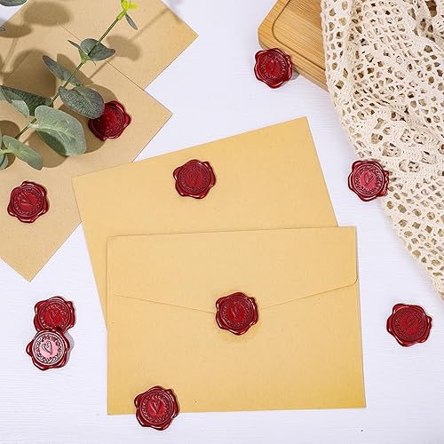 Miniatura 4 de Whaline 50 calcomanías de sello de cera en relieve, diseño de corazón rojo vino, calcomanías de sello de sobre, calcomanías autoadhesivas para