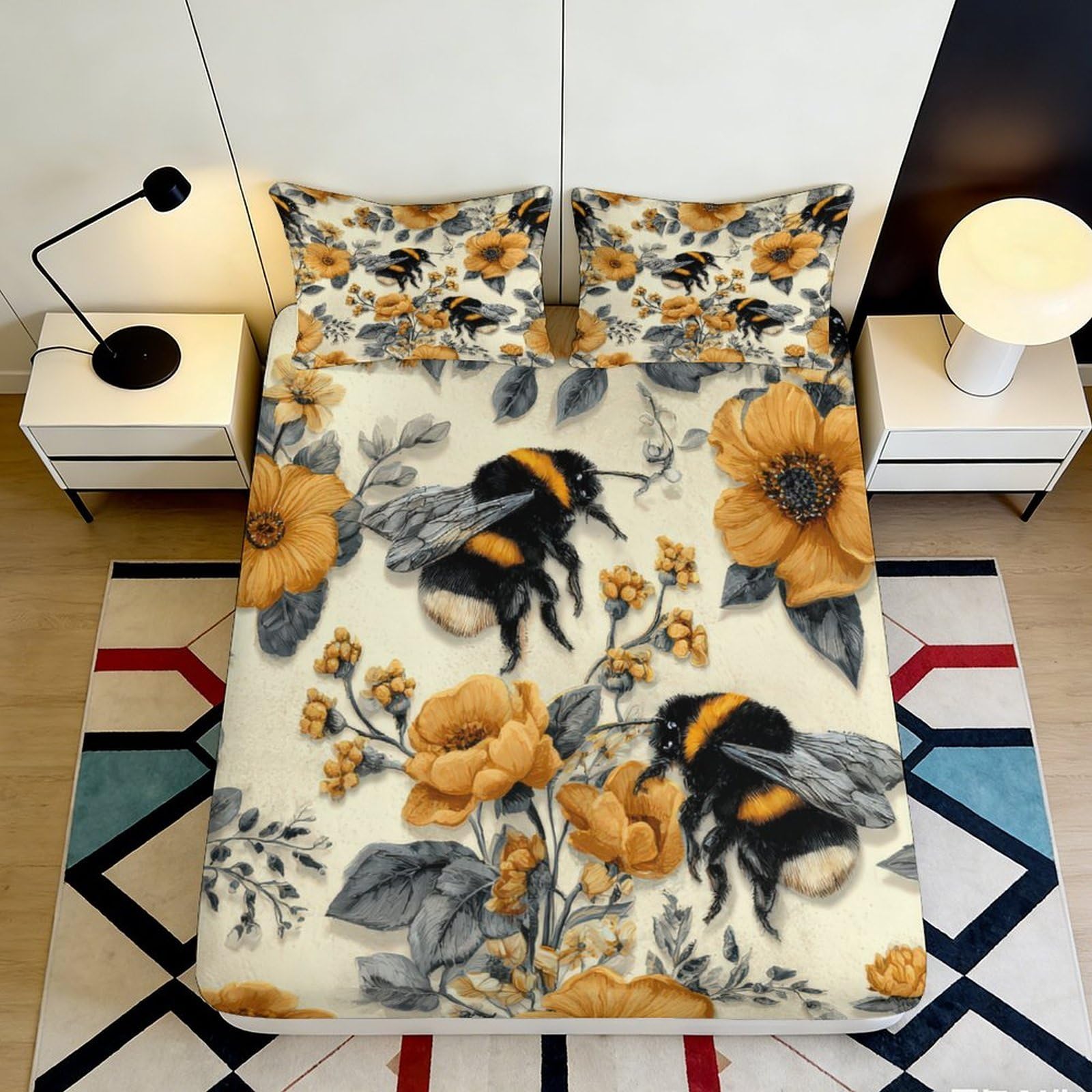 3D Printed Bumblebee Floral Fitted Sheet Microfiber Anti-Slip Mattress Cover for Bedroom Guest Room Easy Care 180x200x25cm