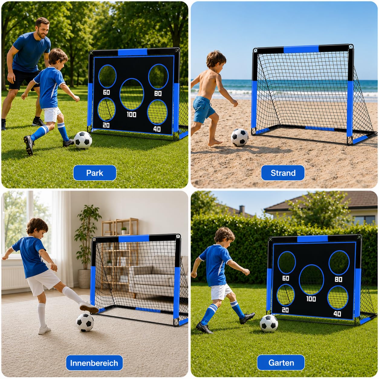 2-in-1 Fußballtor für Kinder, 150 * 120cm, Tragbares & Stabiles Fussballtore mit 5 Zielbereichen, 4 Erdanker und 1 Tragetasche, Stabil für Garten, Park, Strand