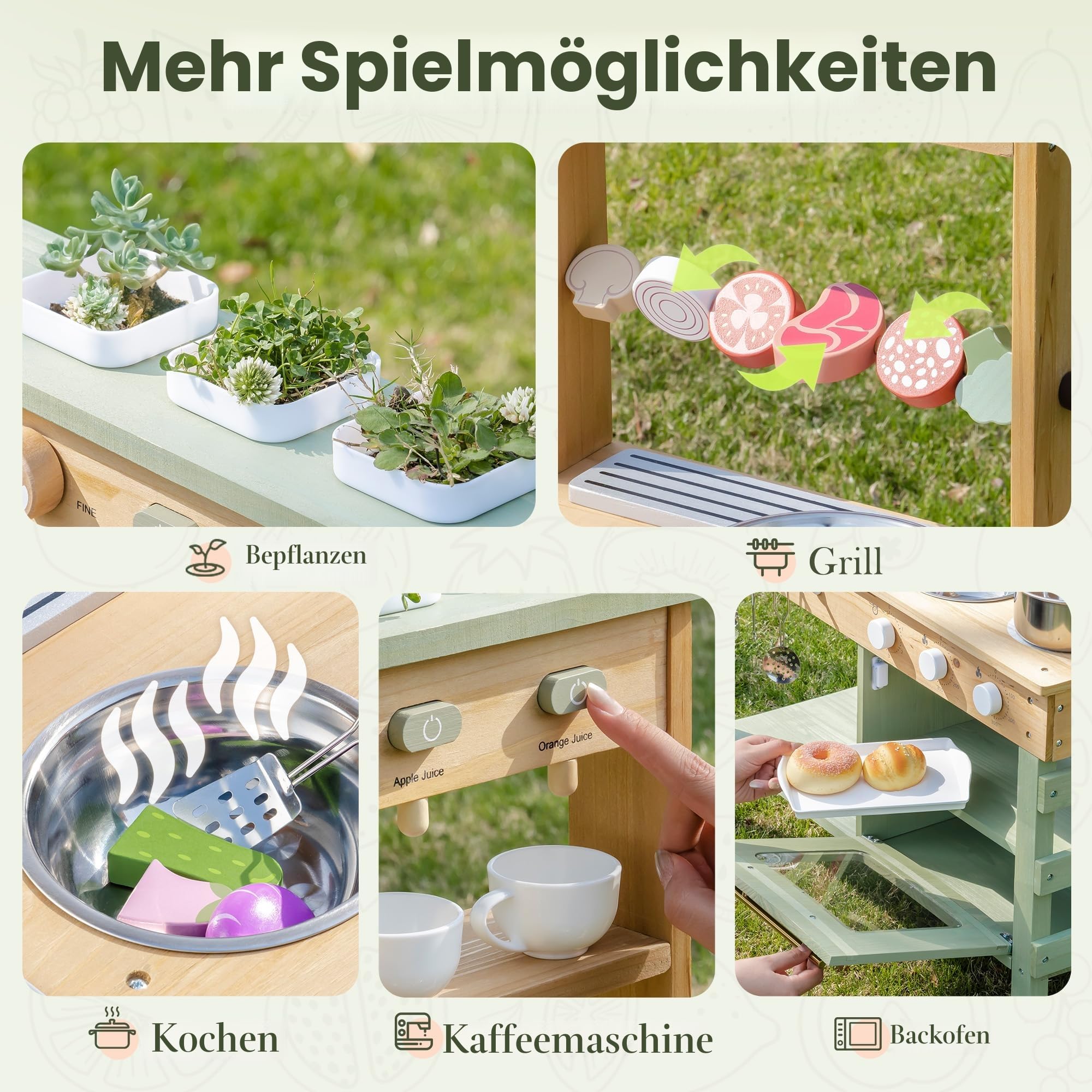 ROBUD Hölzerne Matschküche für Kinder, 17 PCS Pretend Play Kitchen Set mit Wasserspüle, Tafel & Küchenzubehör, Outdoor-Spielzeugküche für BBQ, Küchen-Spielset für Kleinkinder ab 3 Jahren