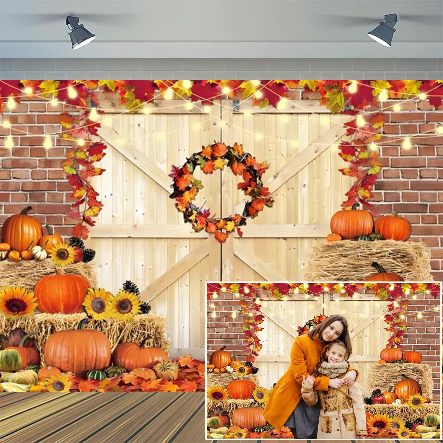 Fall Backdrop Autumn Harvest Photo Backdrop Thanksgiving Photography Backdrop Friendsgiving Party Wood Barn Door Background Pumpkin Maple Leaves Sunflower Haystack Decors 10x8ft Fabric Props 10x8ft Yellow White