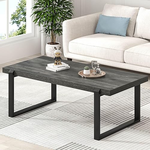 Miniatura 3 de EXCEFUR Mesa de café moderna, mesa central de madera rústica y metal, mesa de té rectangular de cóctel para sala de estar, gris, 44 pulgadas