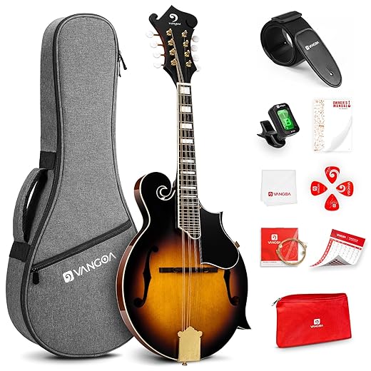 Vangoa F-Style Mandolins Instrument 29-Fret, 8 String Acoustic Mandolin With Protective Plate, for Beginner Adults, Sunburst