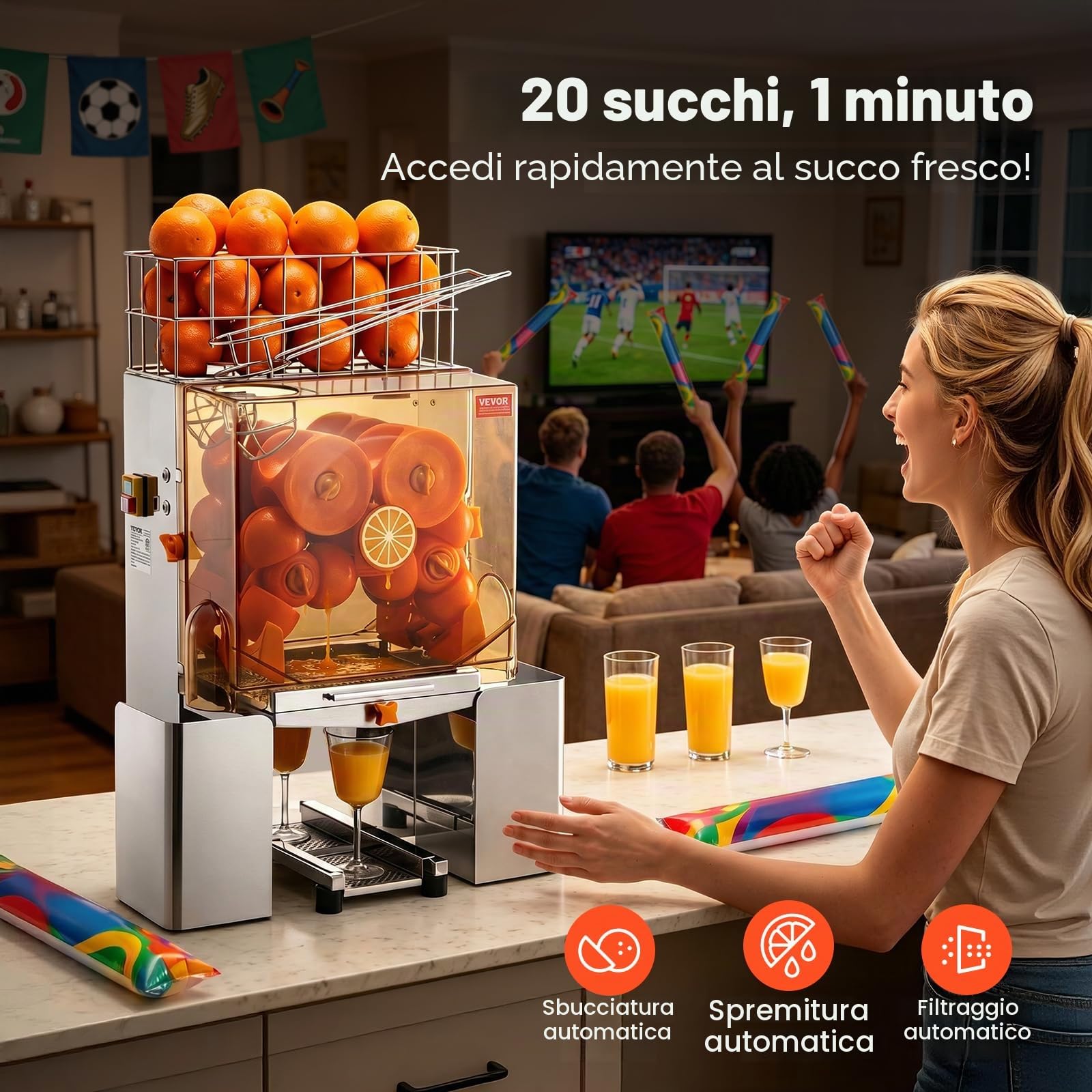 VEVOR Spremiagrumi Elettrico Commerciale 120 W, Estrattore di Succo Alimentazione Automatica con Filtro Estraibile e Secchio Raccolta Buccia per Pompelmo Arancia da Ristorante Caffetteria Bar Feste