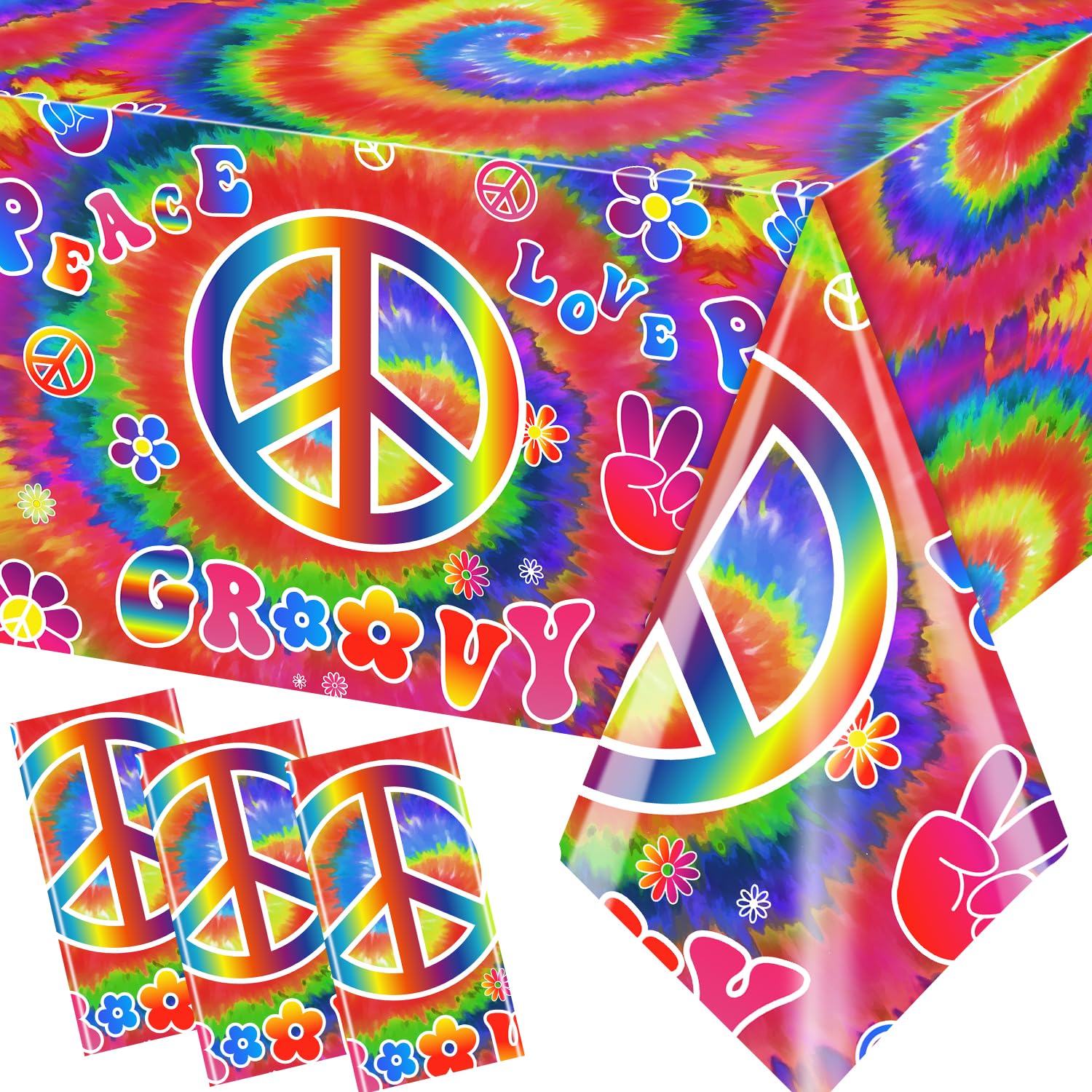 Tie Dye Birthday Party Supplies, 60's Hippie Theme Tablecloth 3Pcs Groovy Hippie Table Cover Peace Love tie dye Table Cloths for Parties