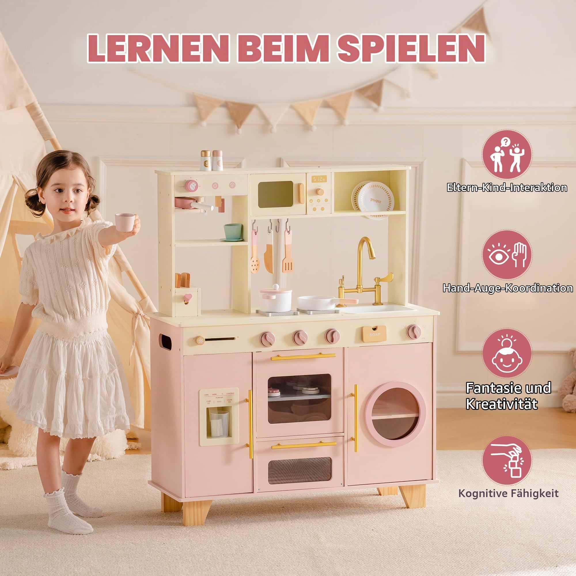 ROBUD Kinder Spielküche aus Holz, Kinder Spielzeugküche Spielset mit Brotmaschine, Ofen mit Kuchen, Geschirr Geschirrspüler, eingebauter Eisbereiter, Kleinkind Pretend Kochset für Jungen und Mädchen