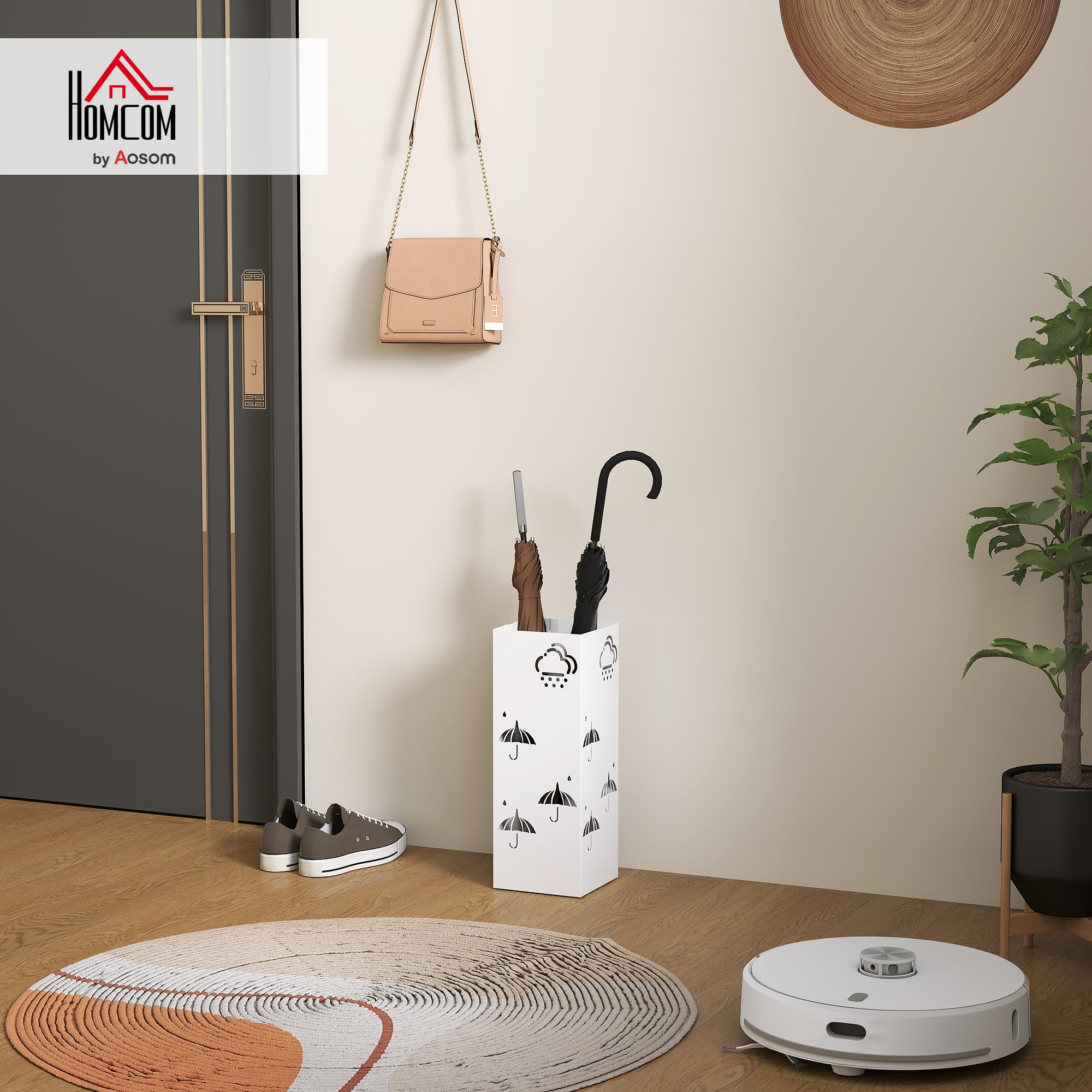 HOMCOM Paragüero de Acero Soporte Paraguas 4 Ganchos Bandeja Goteo Extraíble Blanco Entrada Oficina 15,5x15,5x41 cm