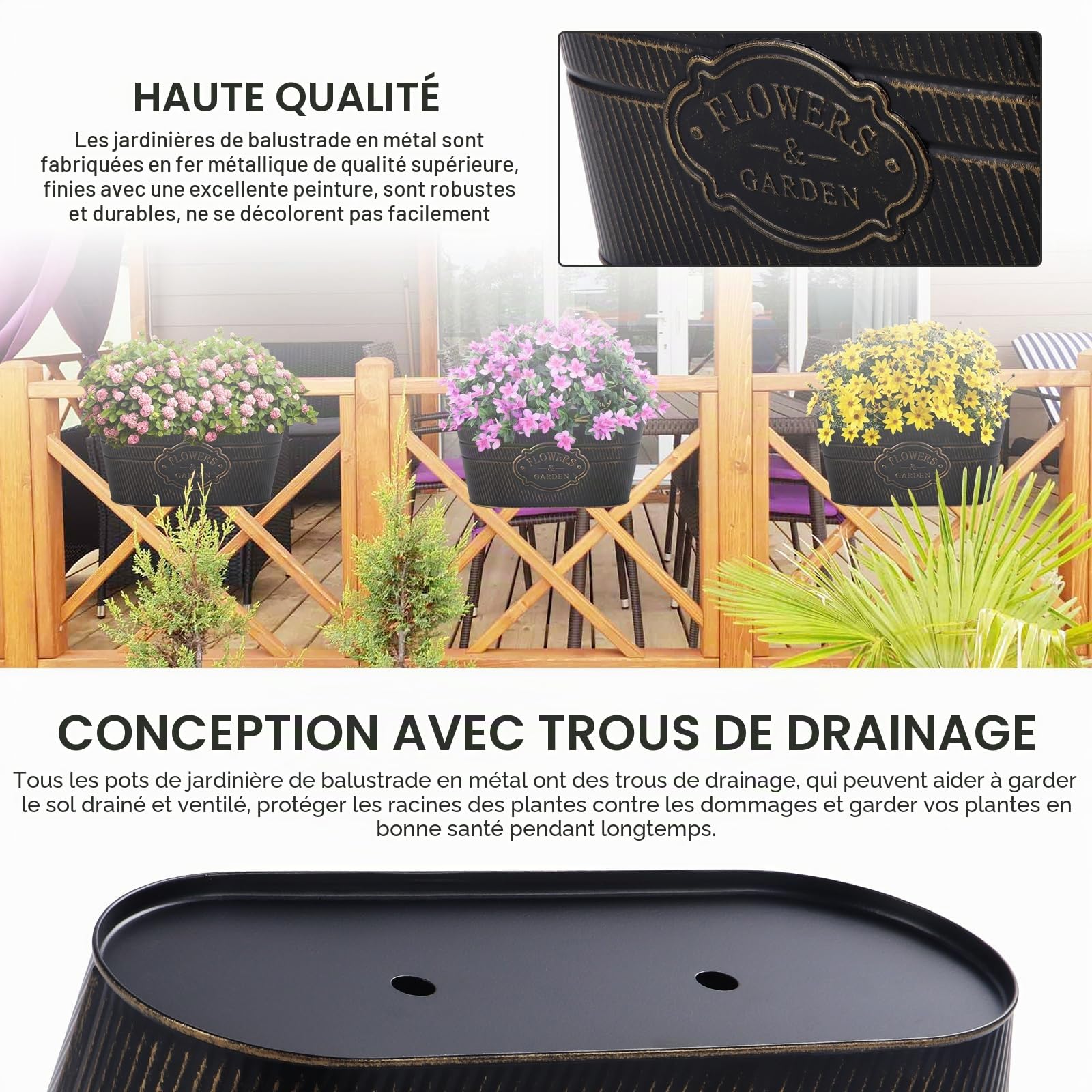 Lot de 4 Jardinières Suspendues Métal avec Crochets Amovibles pour Plantes Balcon Jardin