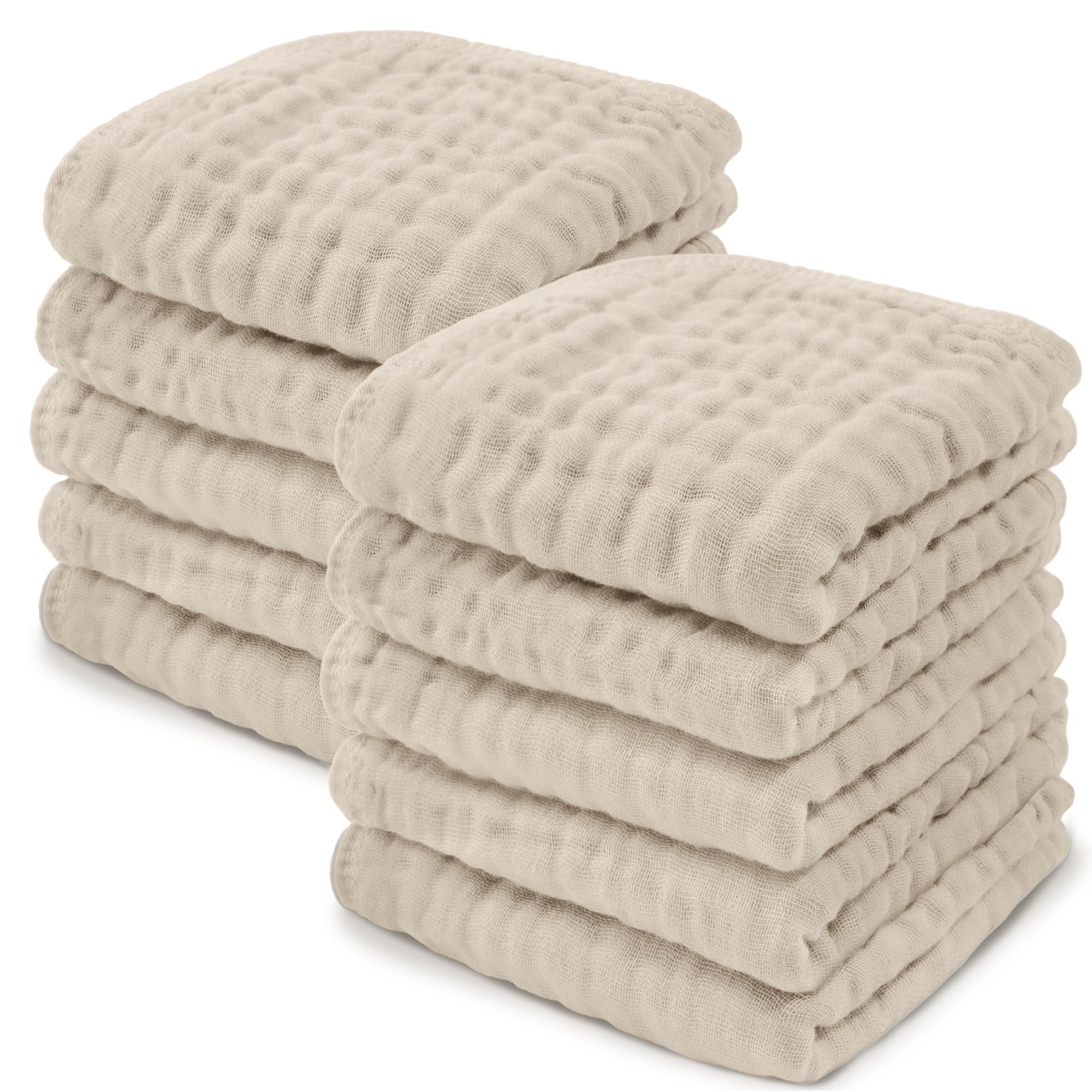 Comfy Cubs Muslin Baby Washcloths 10 Pack - Soft 6-Layer Cotton Wash Cloths for Sensitive Skin - 10"x10" Large, Gentle, Absorbent Infant Essentials for Newborn and Toddlers - Sand