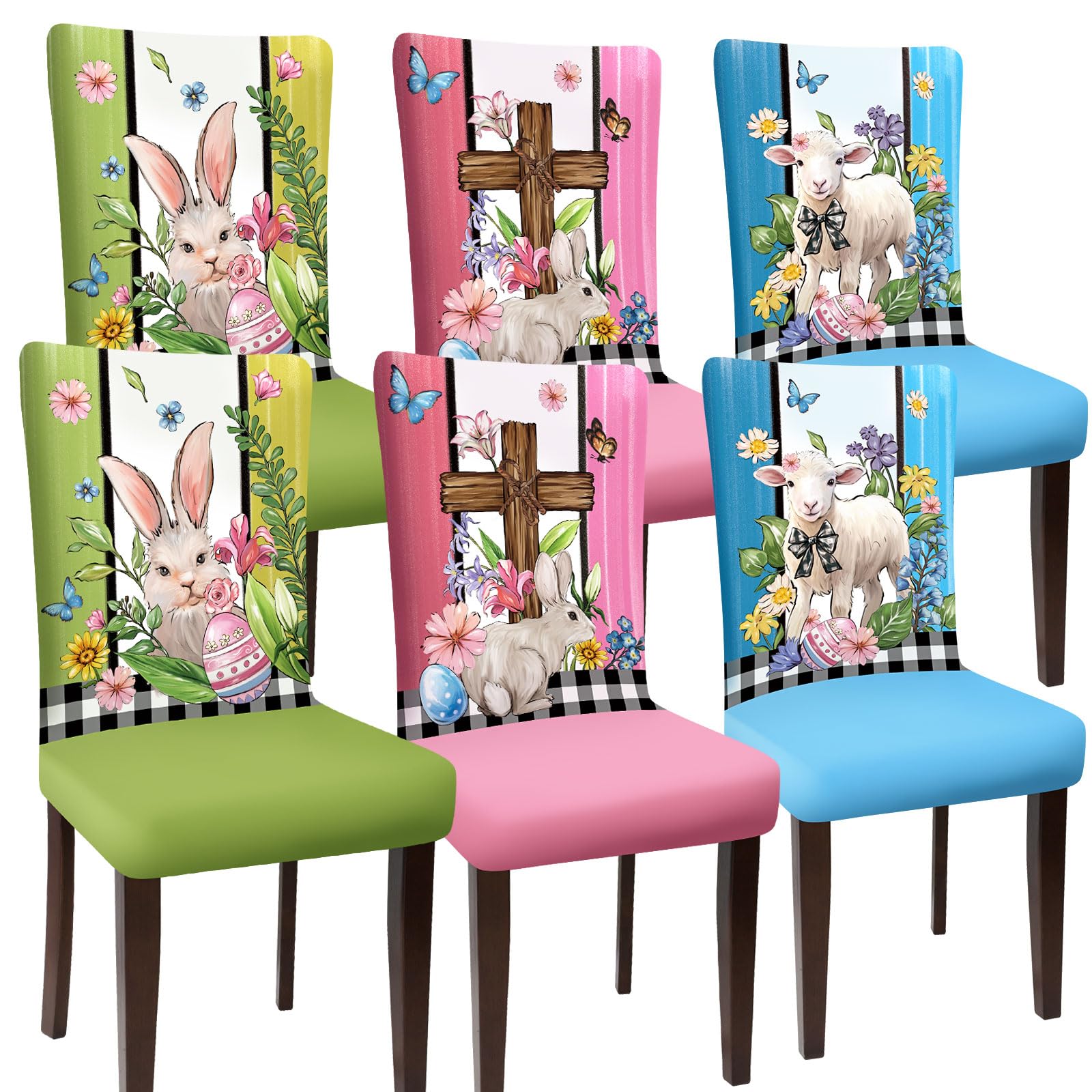 Easter Chair Covers Set of 6 Watercolor Flower Cross Bunny Egg Rabbit Sheep Seat Covers Dining Chair Slipcover Protector for Spring Home Kitchen Decor