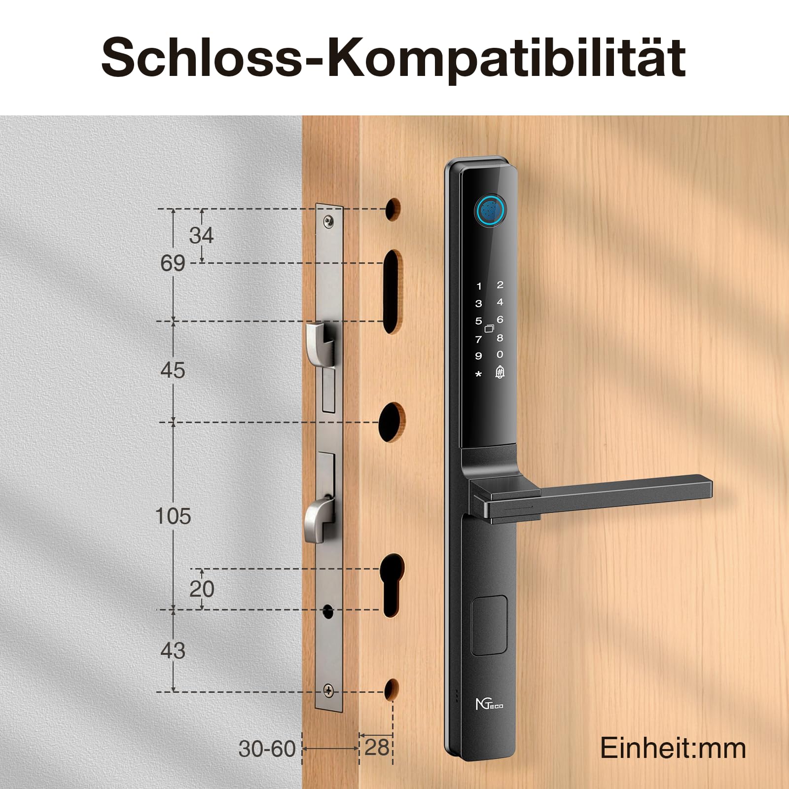 NGTeco Smart Türschloss mit Griff – Fingerprint, Code, Karte, Schlüssel & WiFi – App-Steuerung, einfache Montage für schmale Türen