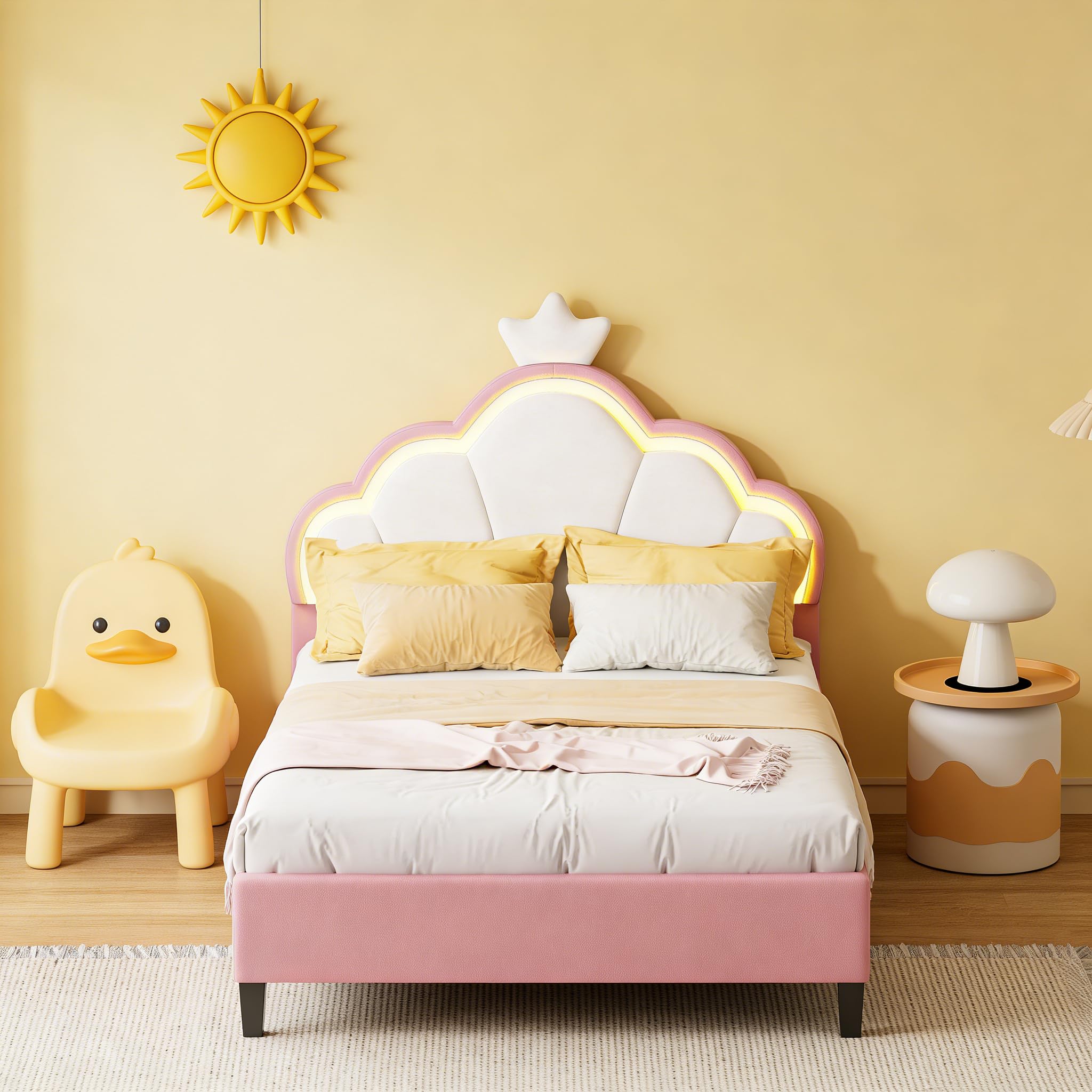 DADEA Letto Bambina 90x200 con LED, Letto Singolo Bambina con Testiera, LettoCameretta RagazzaLetto Singolo Bambino LED Letto90x200 Bambini Letti Singoli Imbottito con Doghe, Nessun Materasso