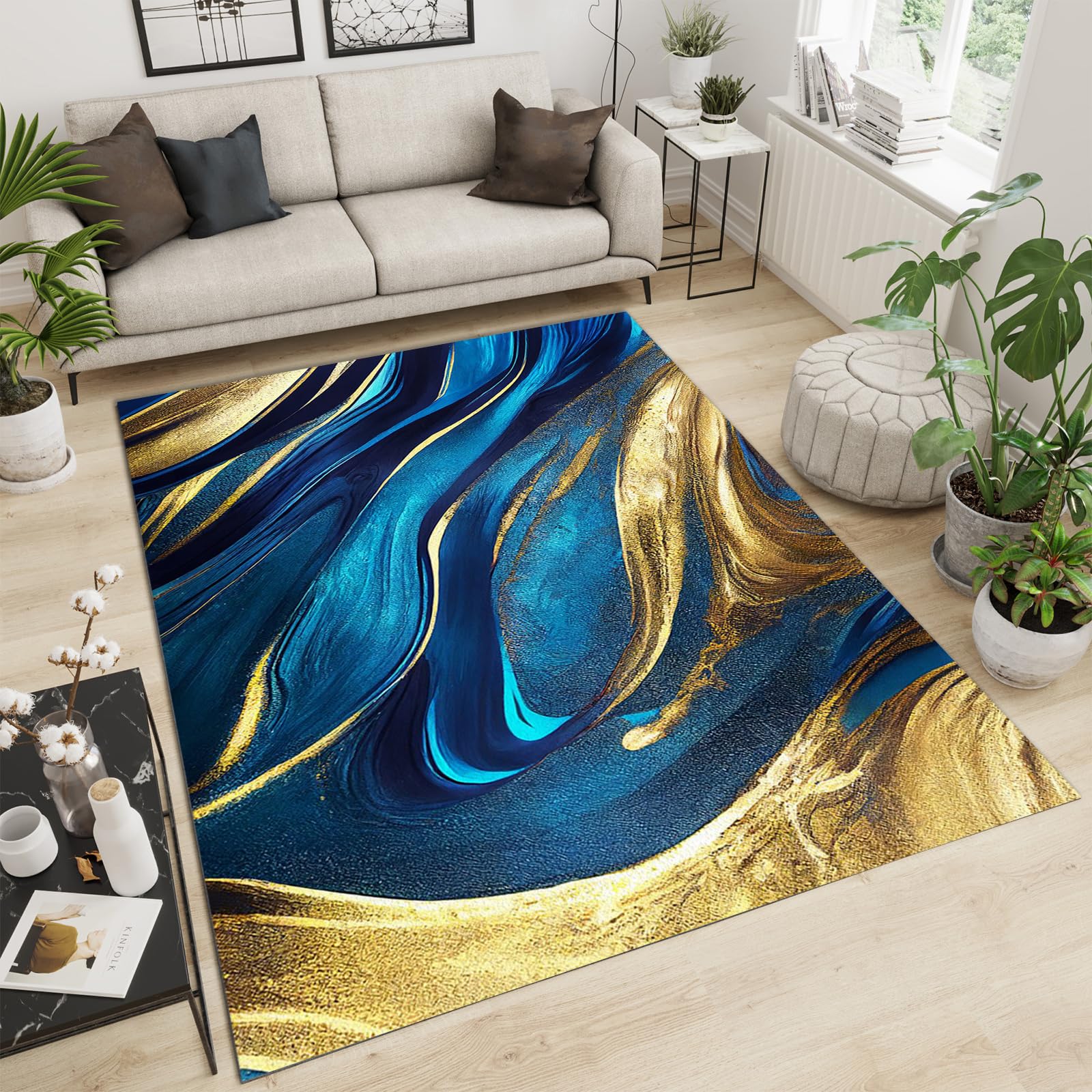 Tapis de chambre à coucher 3D incurvé 3D effet marbre bleu doré, antidérapant, doux au toucher, facile à nettoyer, pour bureau, famille et animaux de compagnie, 160 x 220 cm