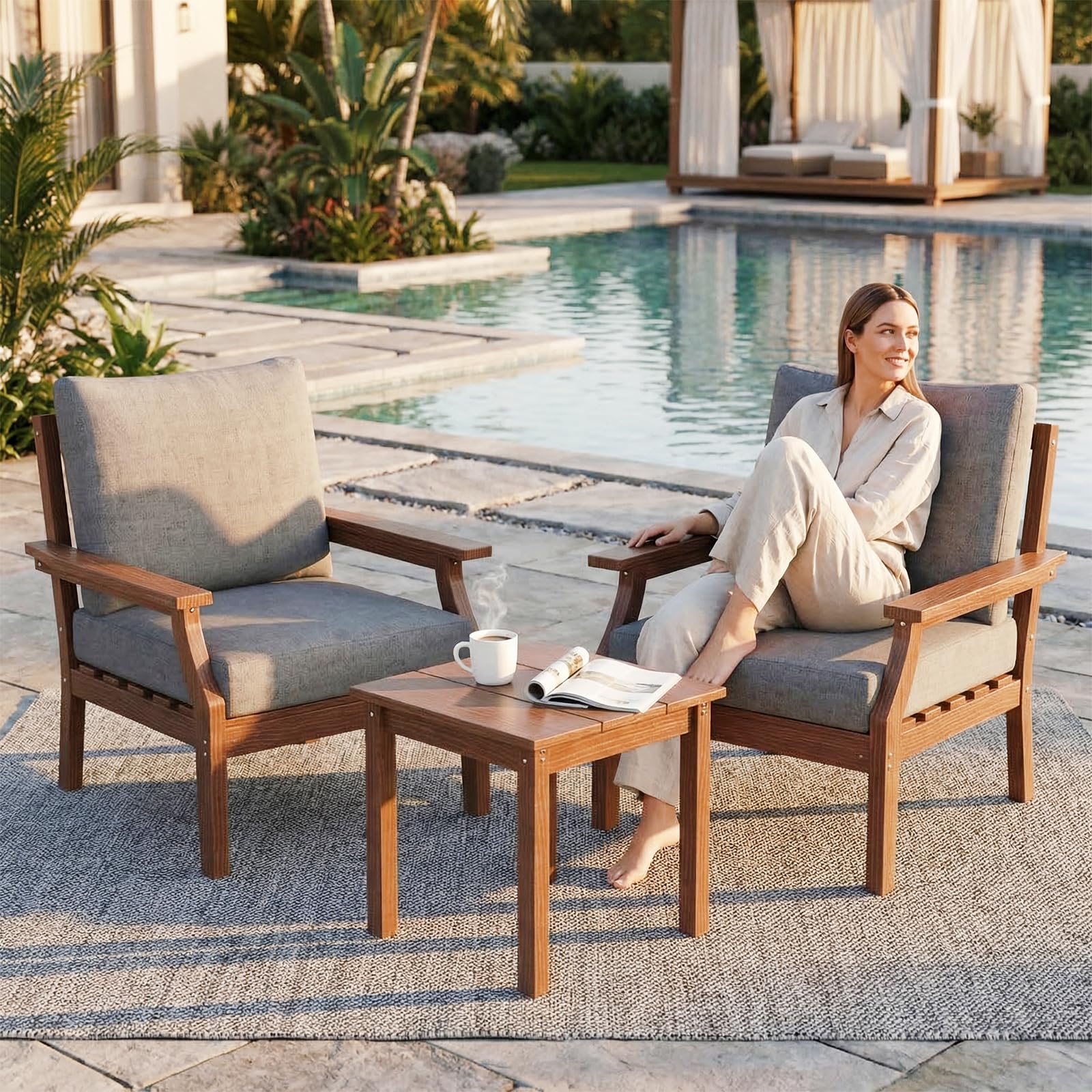 Tioline HDPE Patio Conversation Set, 3-Piece All Weather Outdoor Furniture Set with 2 Single Sofas for Deck, Lawn, with Cushion, Brown