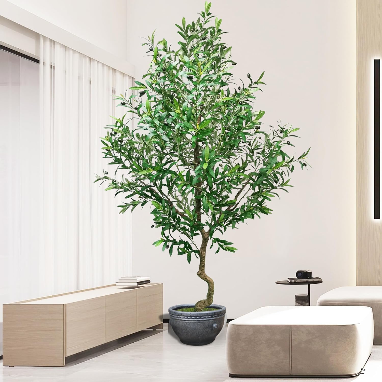 Artificial Olive Tree 7 Feet, Fake Olive Trees Artificial Indoor, Faux Large Tall Realistic Indoor Silk Tree with Pot -Perfect for Home, Office, Living Room, Staircase, and Store Decor.