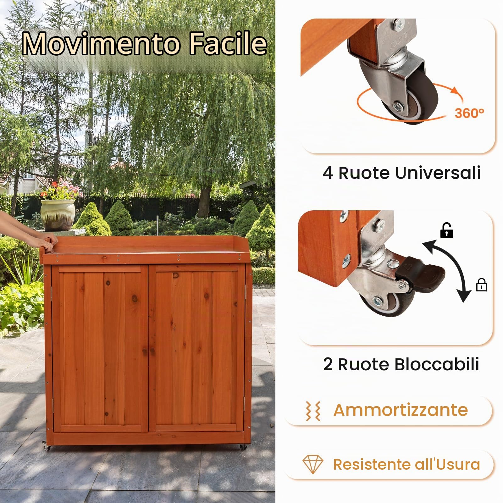 HOMASIS Armadio da Esterno in Legno con Ruote, Armadietto da Esterno Impermeabile con Banco da Lavolo Superiore in Acciaio Zincato e Ripiano Rimovibile Interno, 98,5 x 48 x 100 cm, Arancione