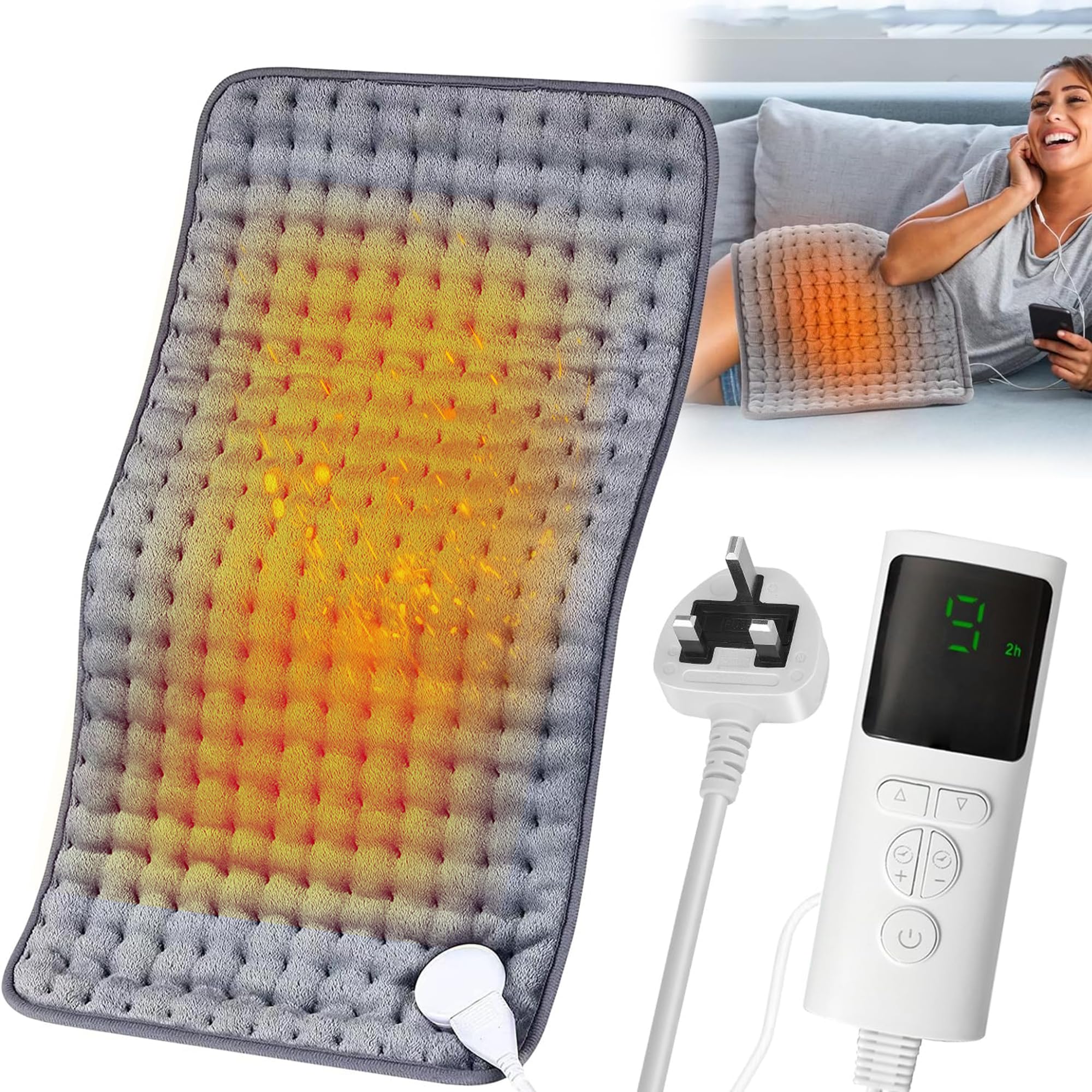 Almohadilla Eléctrica 30 x 60 cm para Espalda, Cuello y Abdomen, Cojín Calefactor con Pantalla Digital, 9 Niveles de Calor y Apagado Automático, Uso Doméstico