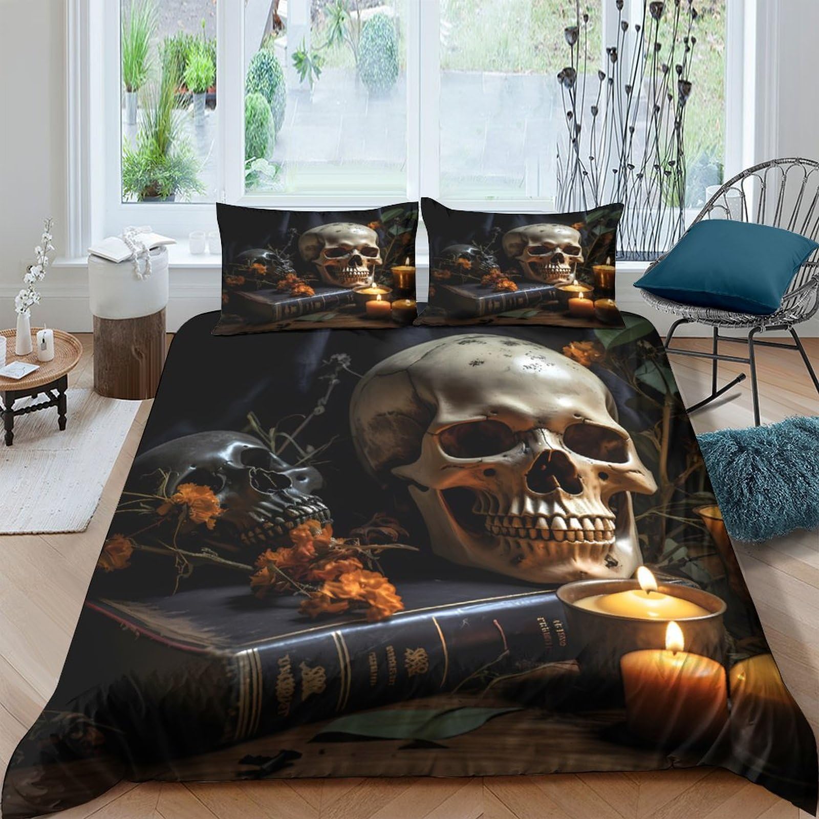 Ctjqhvkz Style-5 3D Printed Skull Candle Fitted Sheet Microfiber Soft Black Gothic Book Bed Sheet For Bedroom Dorm Mattress Decor Single（135X200cm）