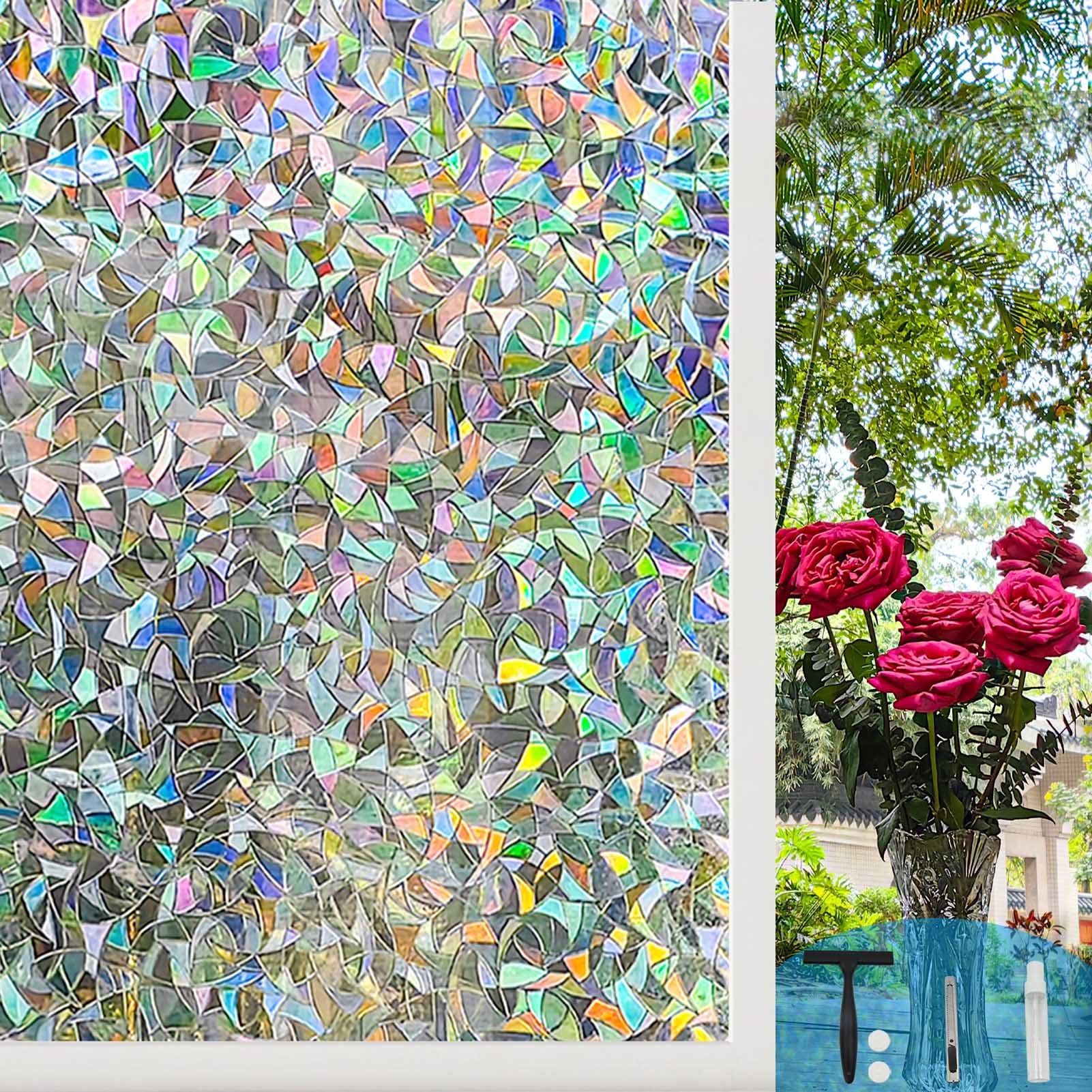 Rainbow Window Privacy Film - 3D Static Cling Sticker, Non-Adhesive Stained Glass Decals for Home Office - Privacy Protection & Decorative Vinyl (Rainbow, 17.5 x 78.7 Inch)