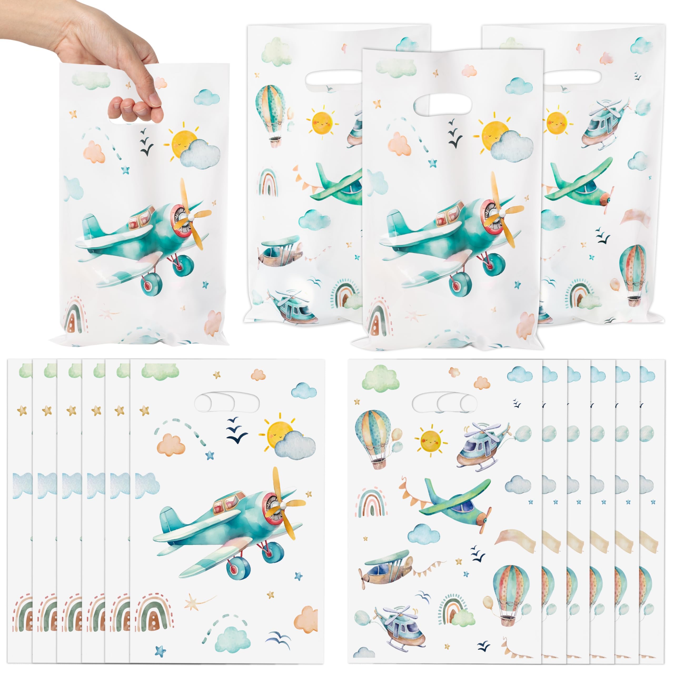 ArowlWesh Airplane Party Favor Bags - 50Pcs Plastic Snack Candy Treat Gift Bag with Handles Cute Boho Airplane Themed Party Supplies Decor for Baby