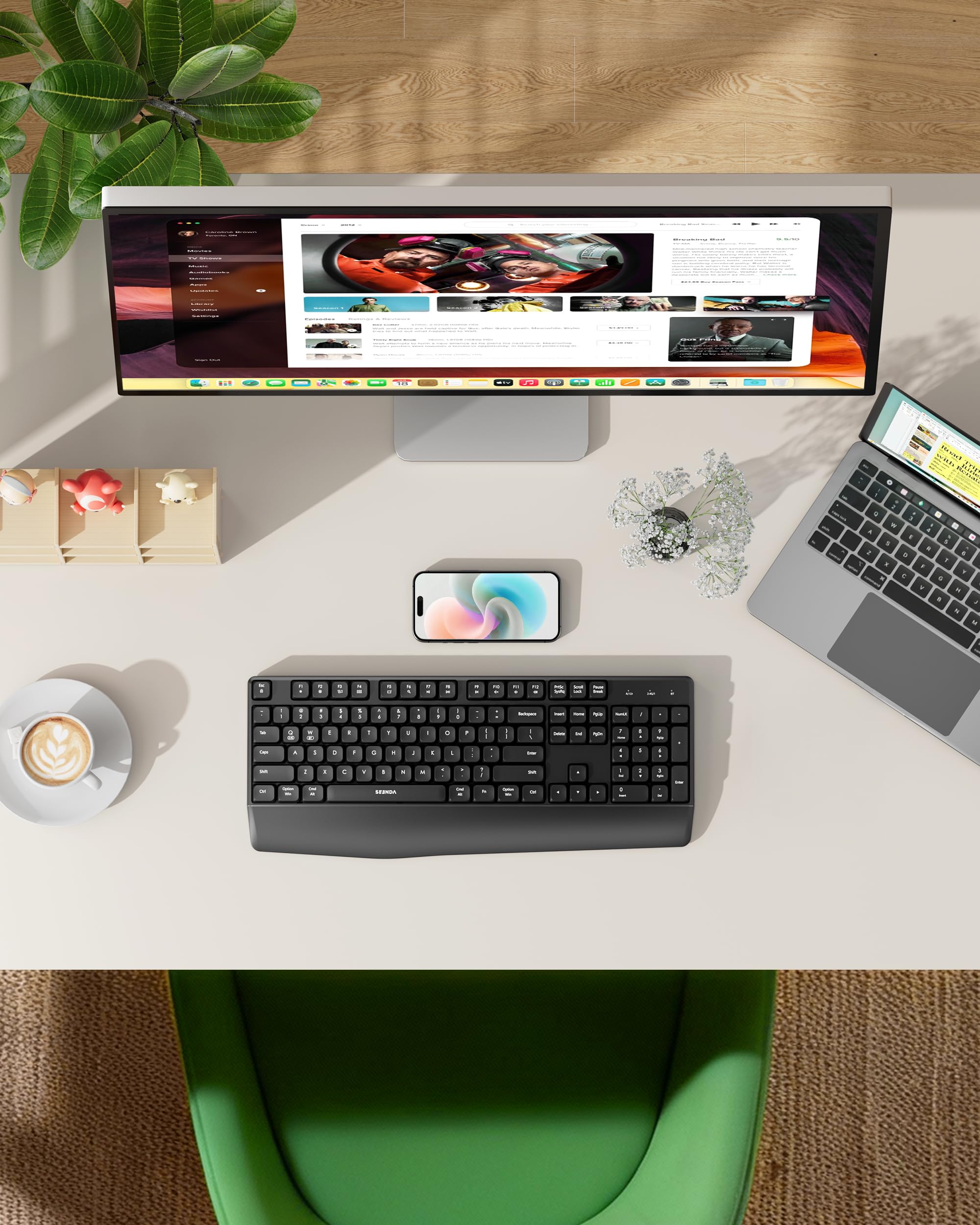 seenda Bluetooth Wireless Keyboard, Wireless Ergonomic Keyboard with Wrist Rest, Multi-Device Bluetooth Keyboard with Number Pad, Full-Size Keyboard for Laptop/MacBook/Mac/Windows, Black — view 9
