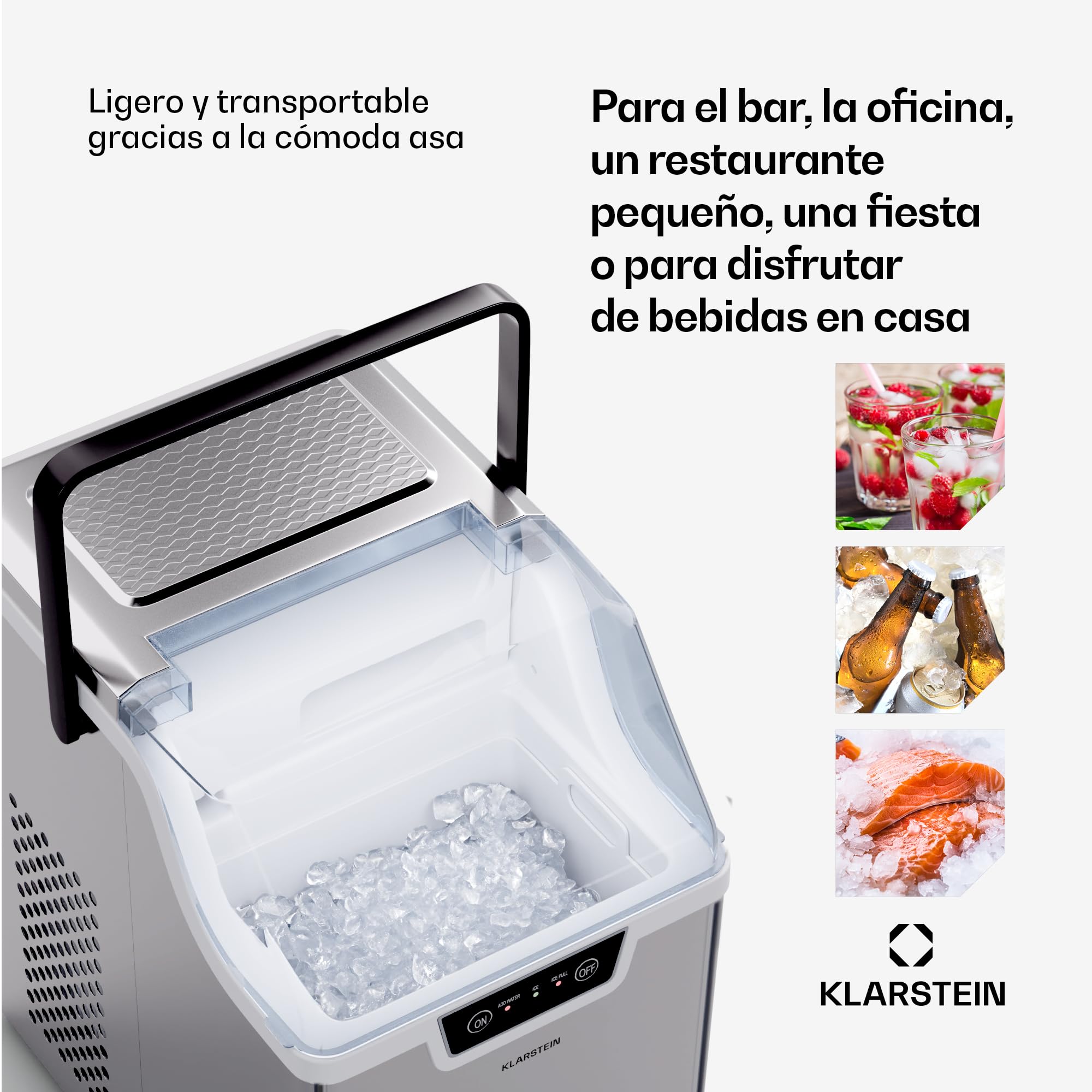 Klarstein Maquina de Hielo para Casa 200W, Ice Maker 15 kg, Maquina para Hacer Cubitos de Hielo Portátil Domestica para Casa Rápida, Ice Maker Machine con Alarma Seguridad