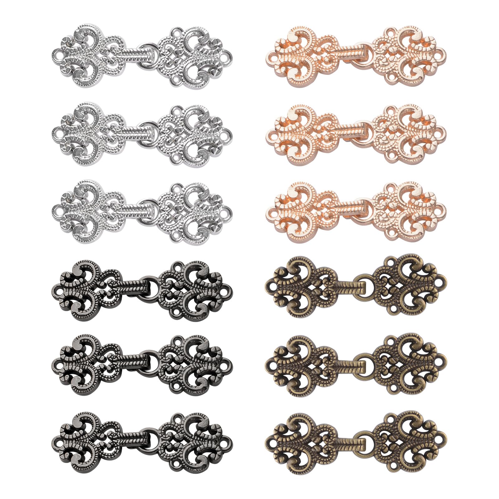 WANDIC Cardigan Clips, 12 Pairs 4.4CM Vintage Hollow Flower Cape Fasteners Sew On Hooks and Eyes Cloak Clasp Fasteners for Sweater Shawl, Mixed Colors