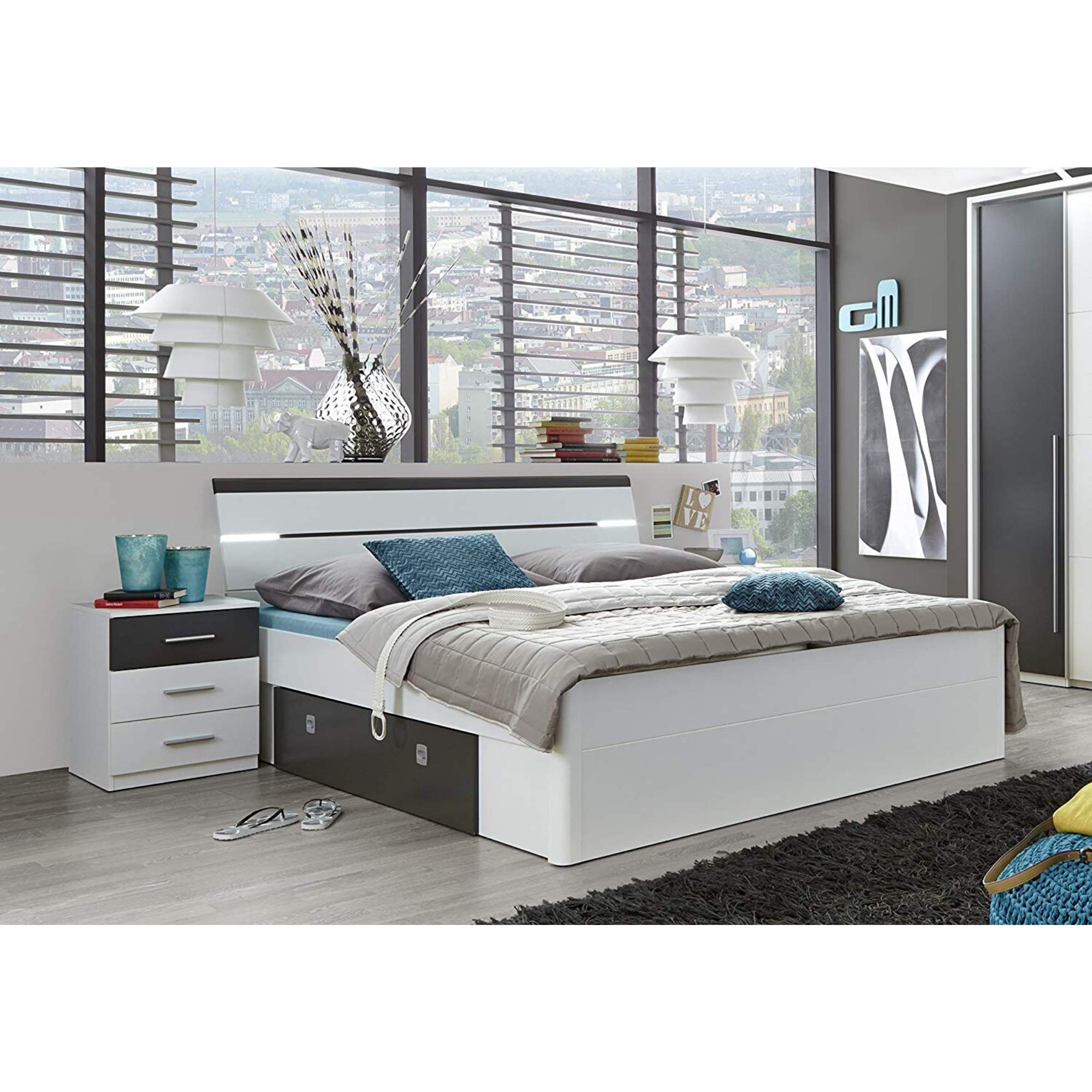 MARS Letto matrimoniale elegante 180 x 200 cm con 2x comodini - cameretta completa in Bianco / Lava - 216 x 97 x 185 cm
