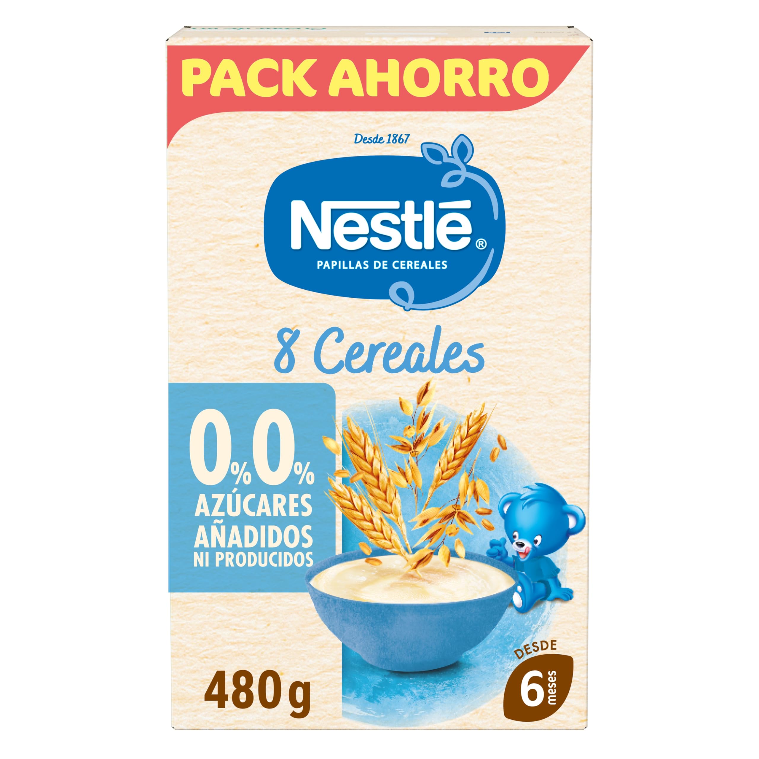 NESTLÉ 0%0% Papilla 8 Cereales 480g, sin azúcares añadidos ni producidos, a partir de 6 meses, pack de 8