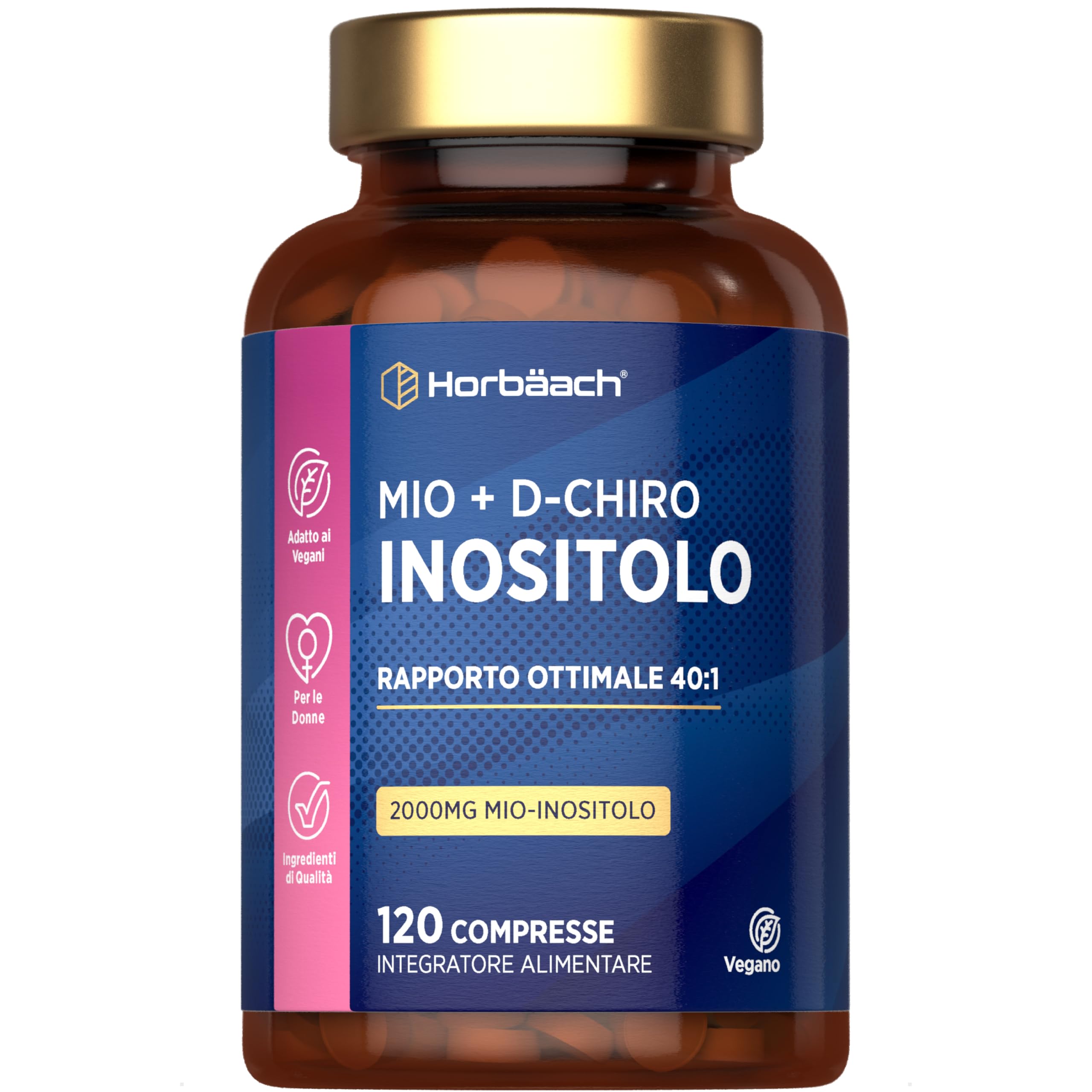Myo Inositolo e D Chiro Inositolo 40 1 2000 mg | Integratore Vegano per le Donne | 120 Compresse | Myo Inositol D Chiro Supplement | di Horbaach
