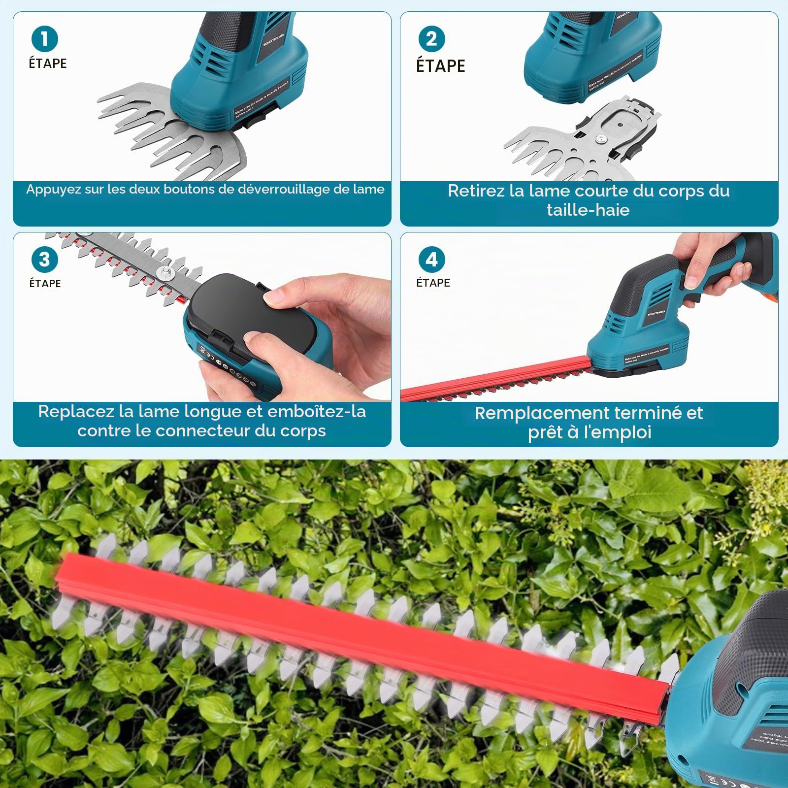 Taille Haie Batterie, Cisaille de Jardin Cisailles à Gazon Taille Haie Electrique, Coupe Haie sans Fil avec Batterie 1500mAh*2, Double Lame de Coupe,pour Désherberger, Élaguer Les Arbres, Arbustes