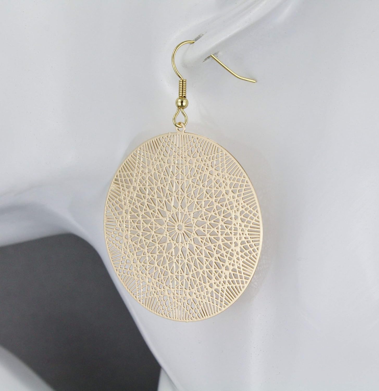 Gold disc earrings Very Lightweight filigree round earrings medallion 1 5/8 inches wide very lightweight circle cut out lace pattern ultra lightweight - Image 9