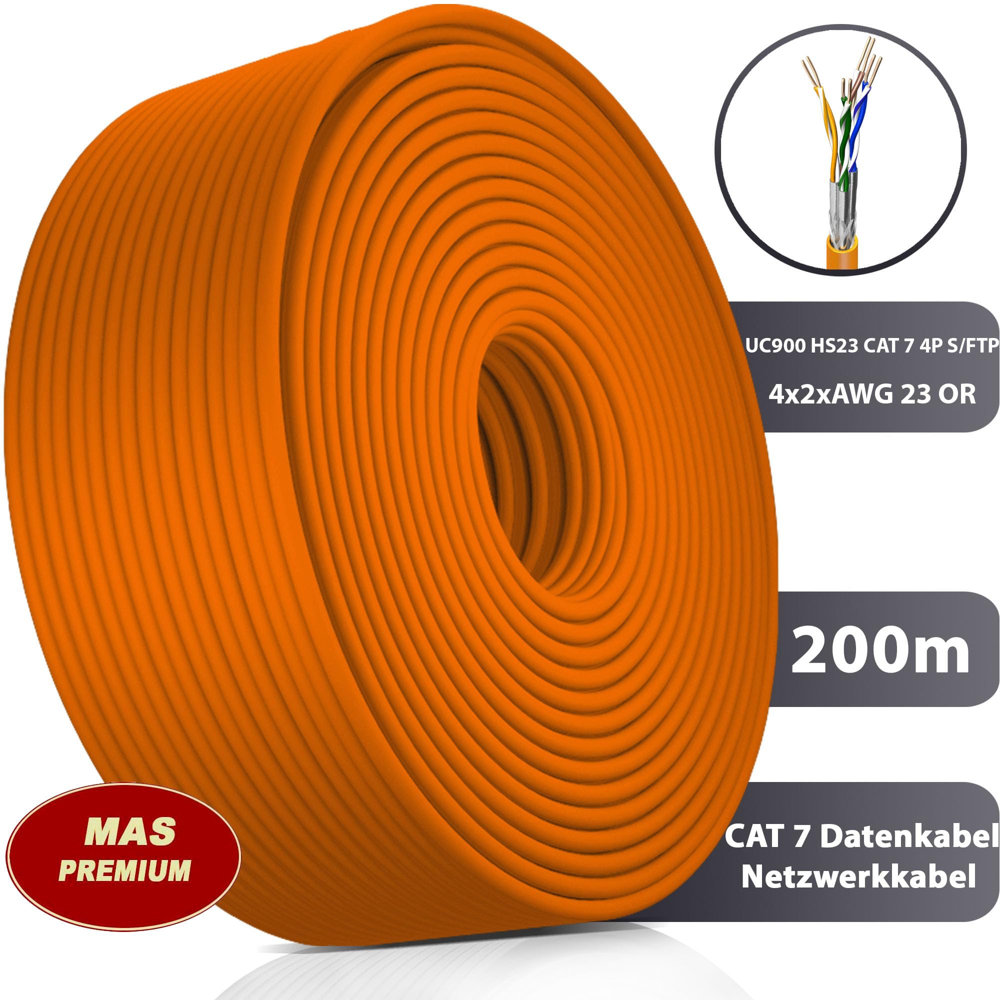 MAS Premium Câble de données de 10 m à 500 m - Câble réseau UC900 HS23 CAT 7 4P LSHF ECA S/FTP 4X2XAWG23 - Sans halogène - 200 m