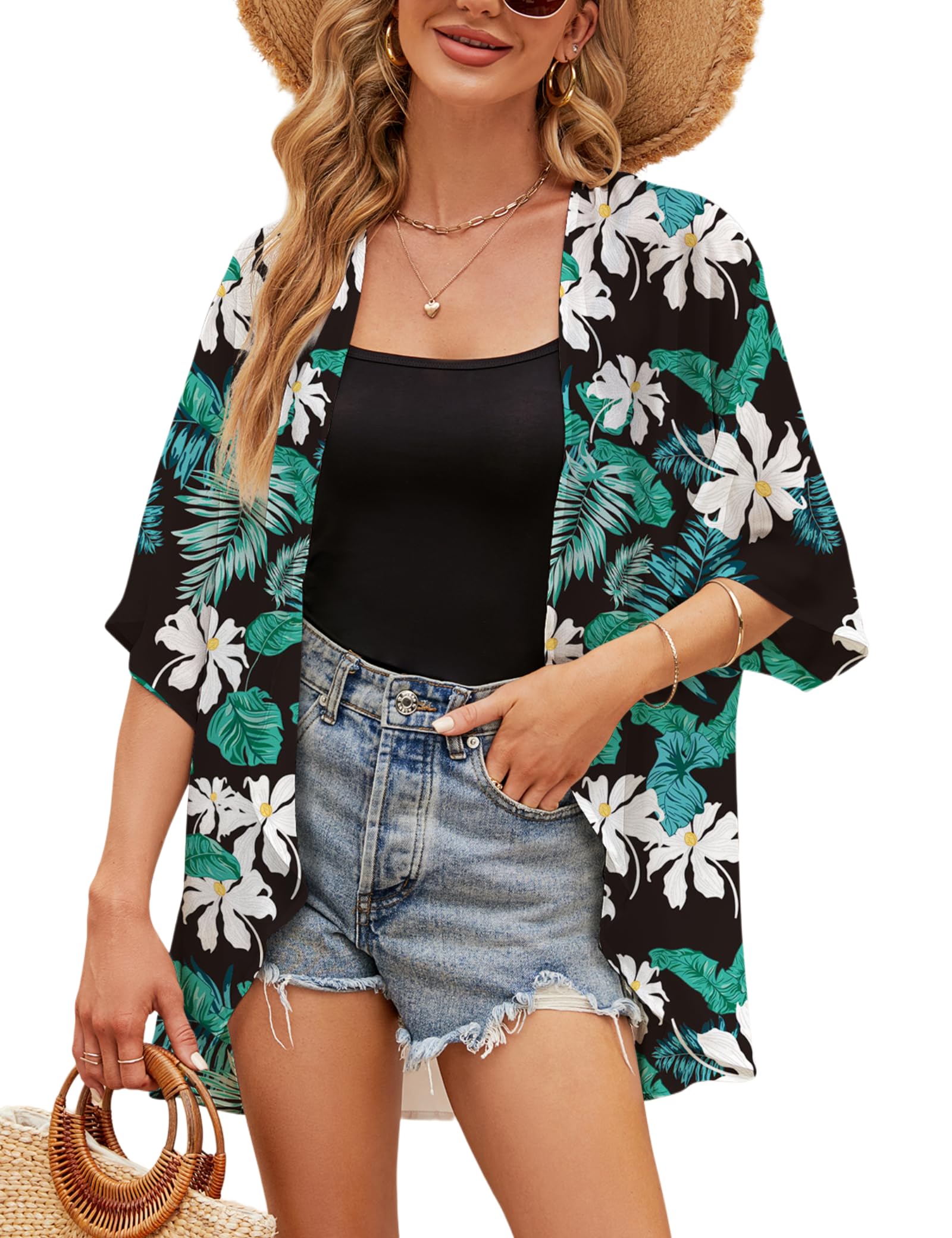 Chunoy Women Chiffon Kimono Cardigan Short Sleeve Open Front Tops Beach Wear Cover Up