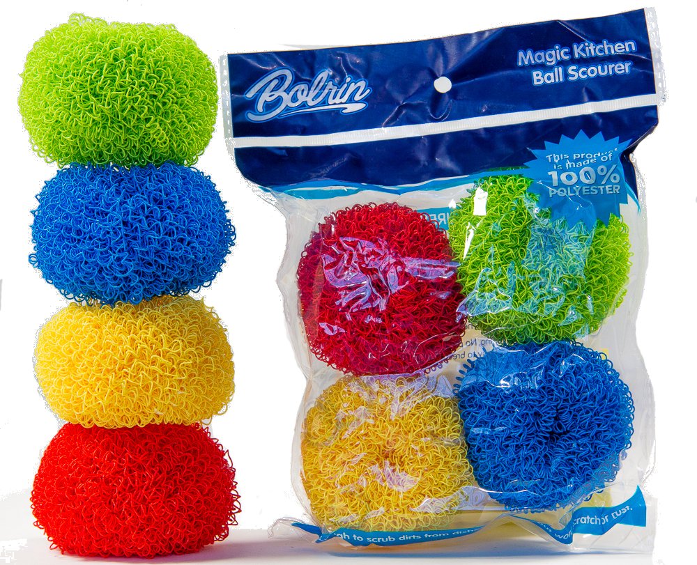 Dish Scrubber - Scratch Free Hard Polyester Scrubbers for Pot Pan & Plate Scrub - 4 Pack Scourer (Green/Red/Blue/Yellow)