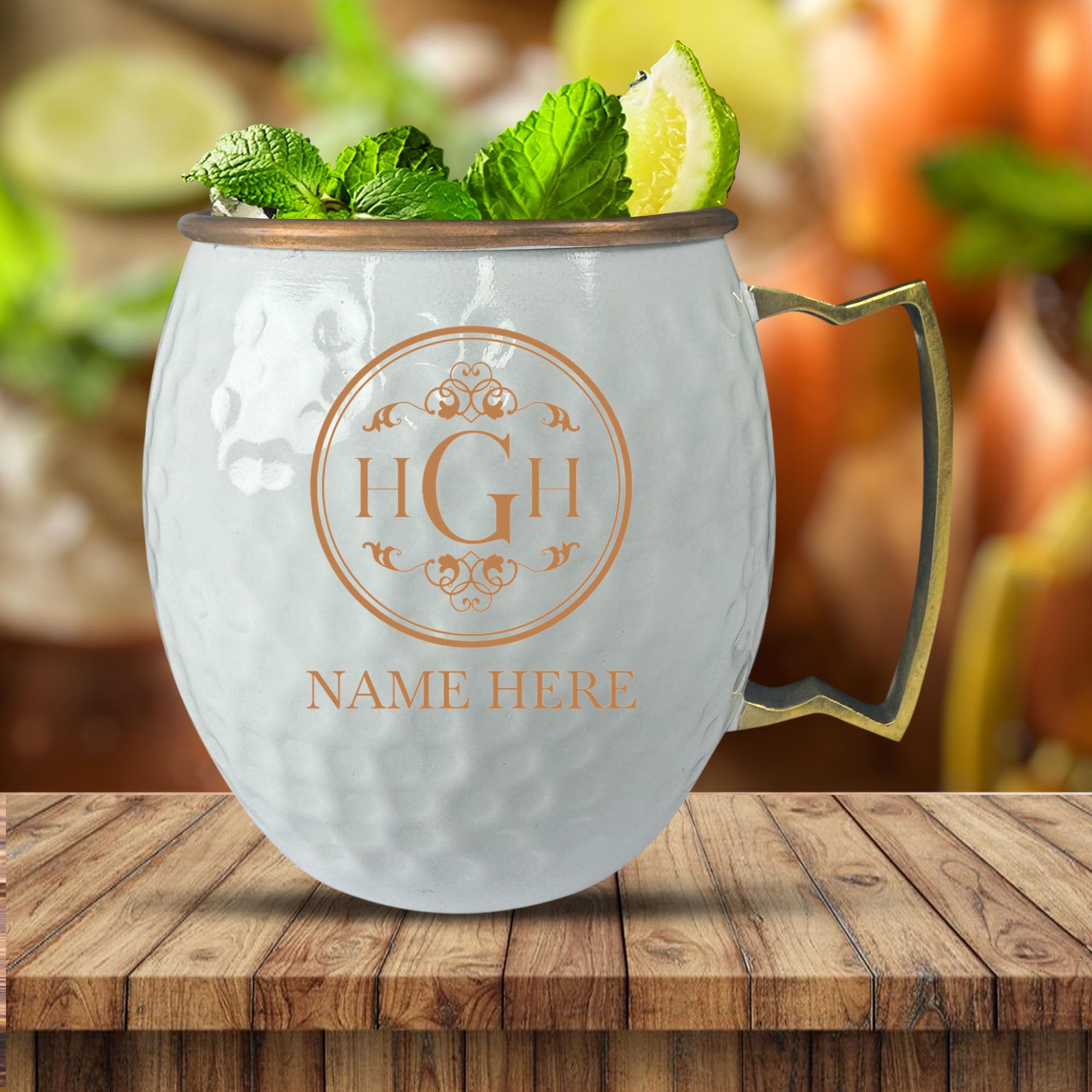 Custom Copper Moscow Mule with Hammered Painted Finish - Engraved Bar Style 100% Copper Cup with Personalized Circle Vintage Elements Monogram Themed Engraving, Brass Handle | 18 oz, White