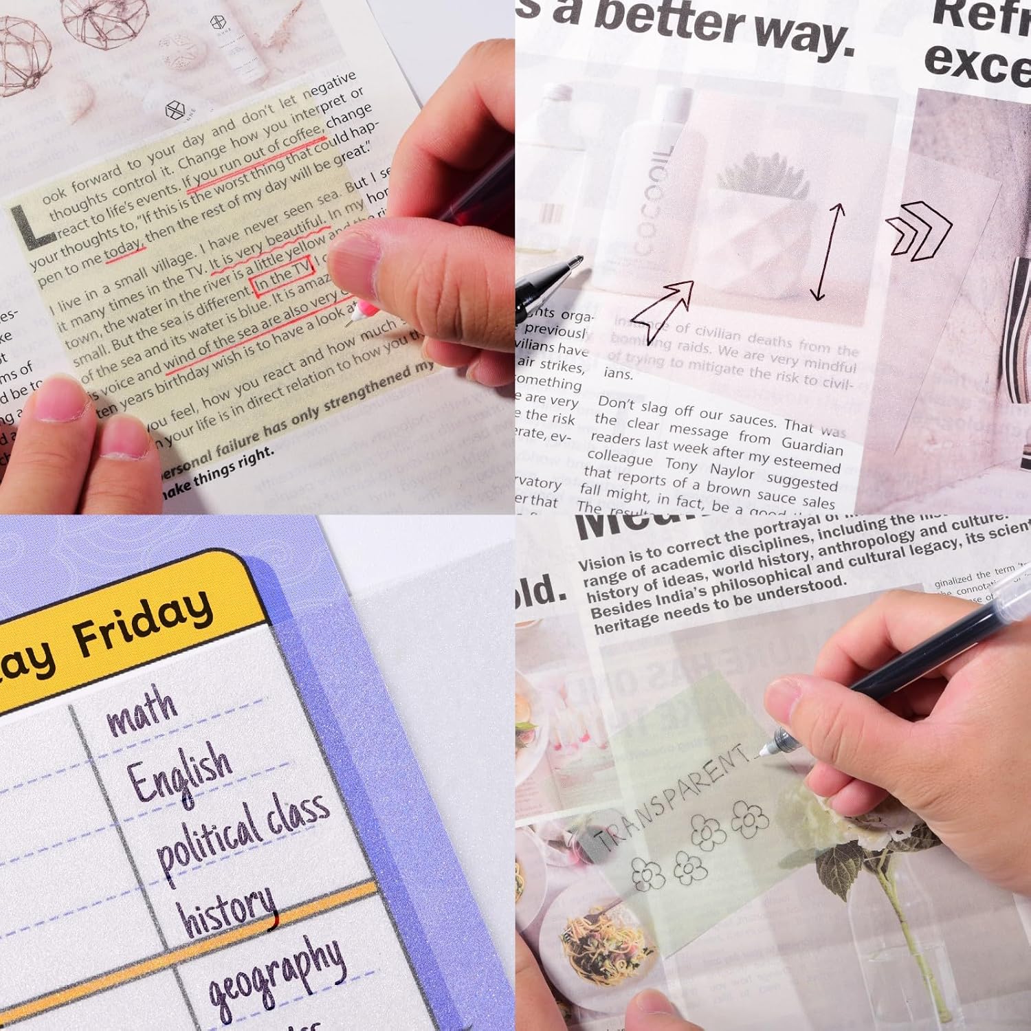Gel Pen Friendly Transparent Sticky Notes - Translucent Matte Clear Pads for Annotating Books, 3x3 in, 4 Pads 200 Sheets, Quick Dry Smudge-Free See Through Notes image 5
